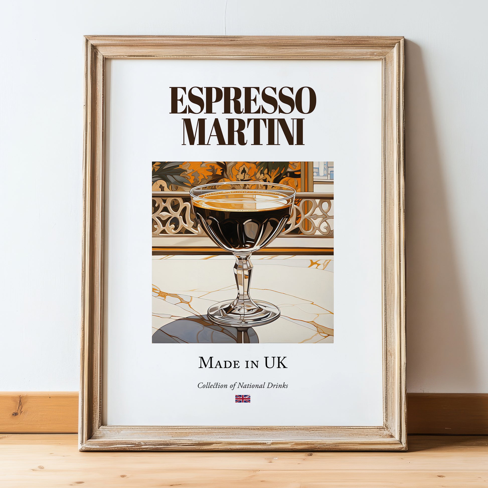 Espresso Martini – English Cocktail Drink, Cocktail Lounge Print, in wooden frame leaning on the floor