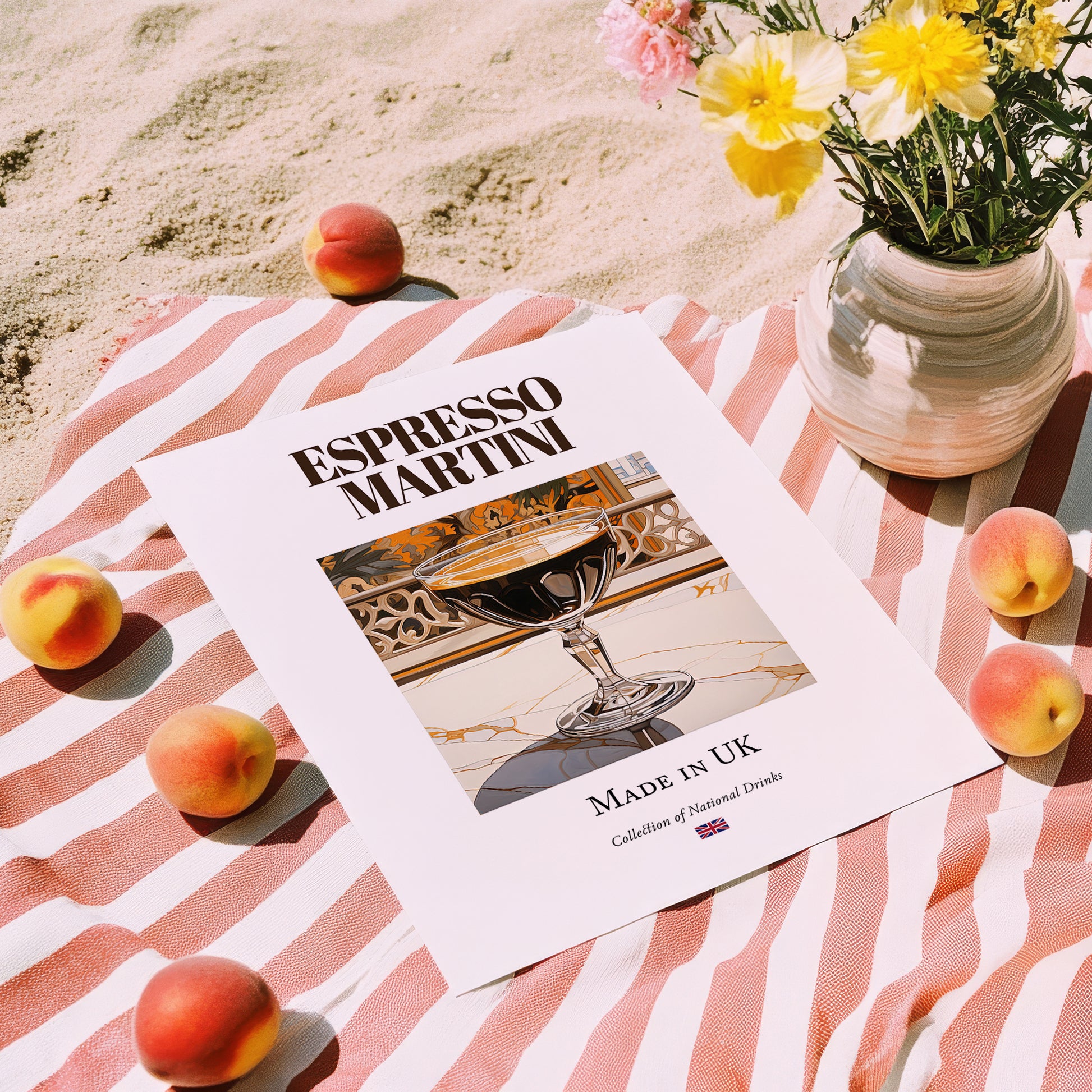 Espresso Martini – English Cocktail Drink, Cocktail Lounge Print, unframed on coastal sand