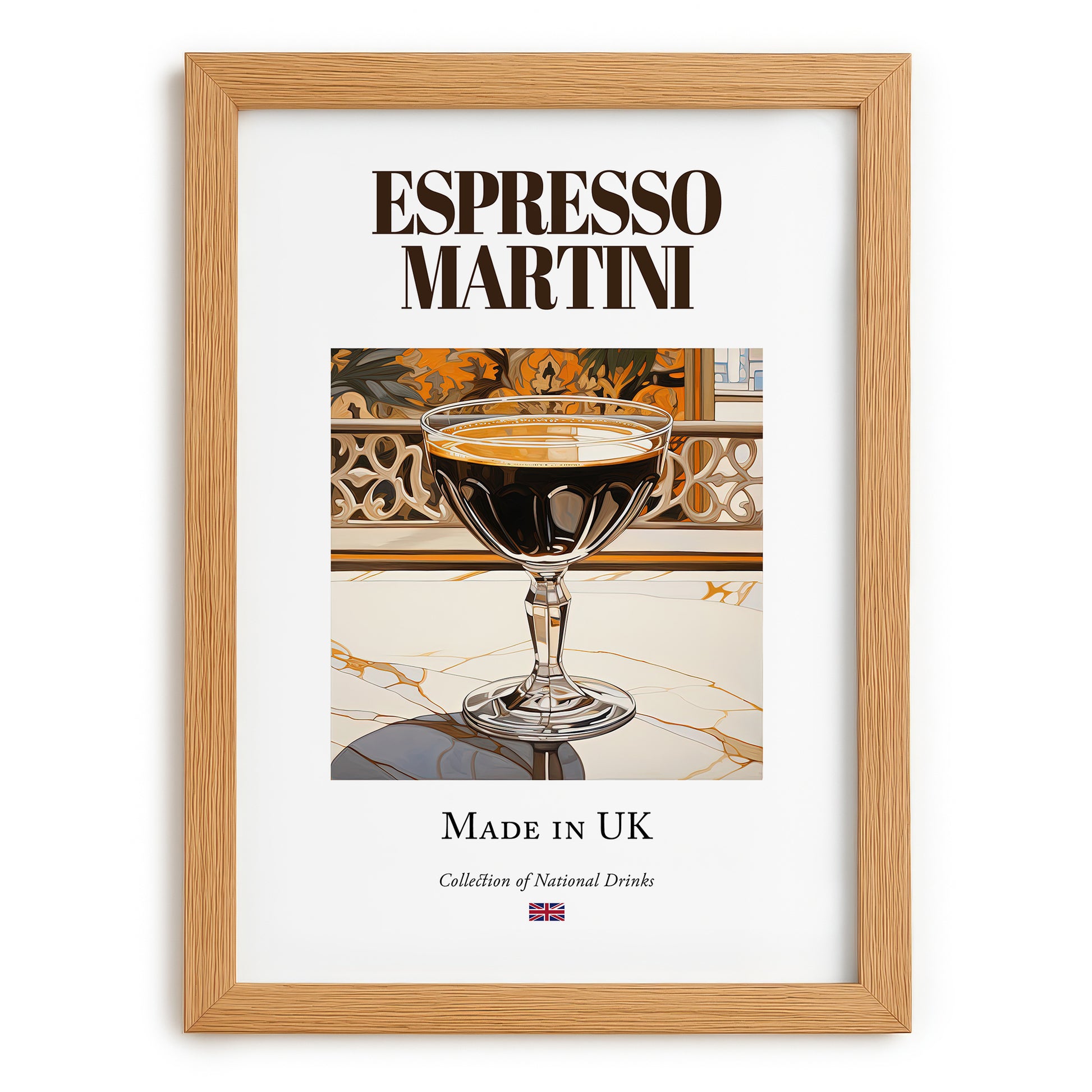 Espresso Martini – English Cocktail Drink, Cocktail Lounge Print, set in oak frame