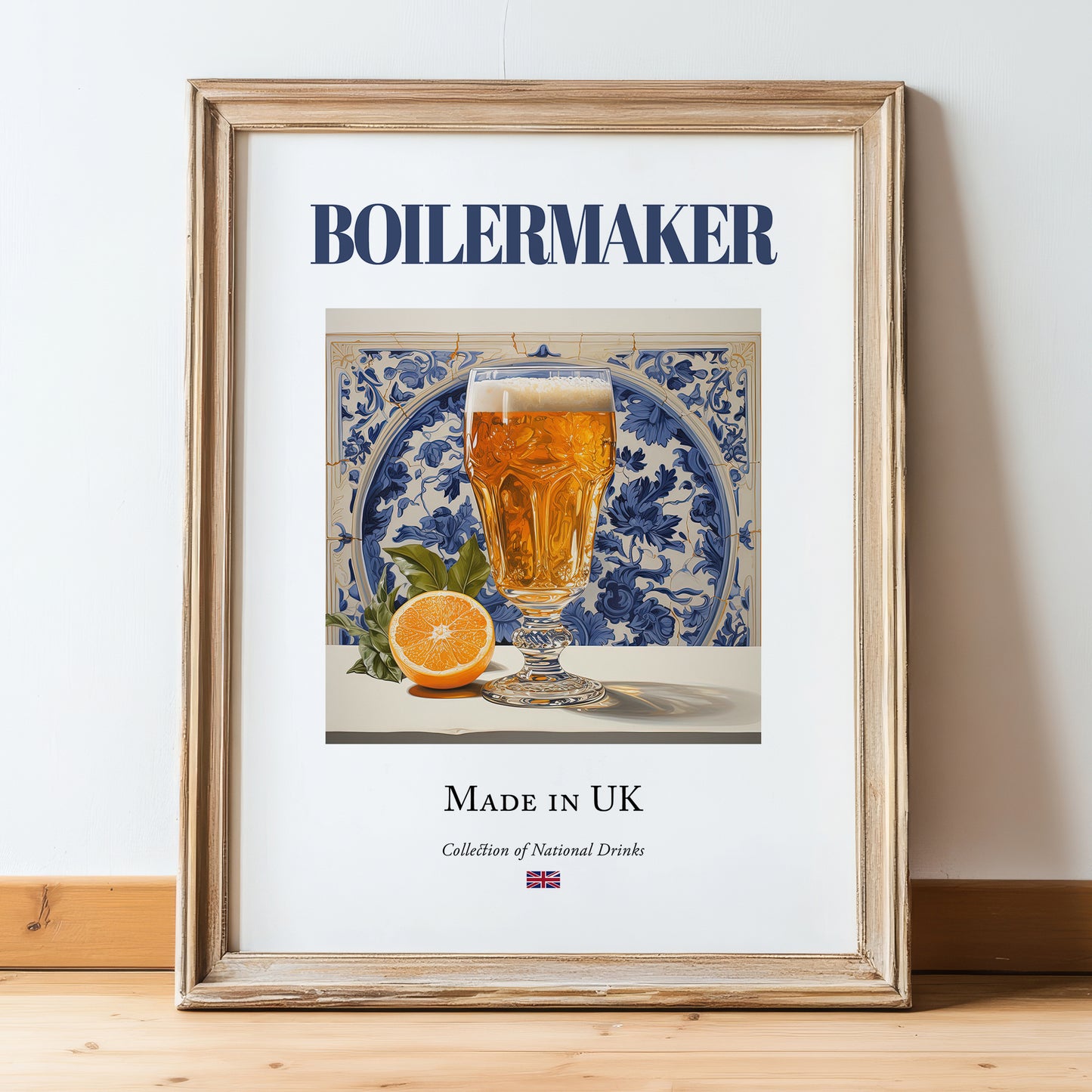 Boilermaker – English Cocktail Drink, Beach Bar Print, in wooden frame leaning on the floor