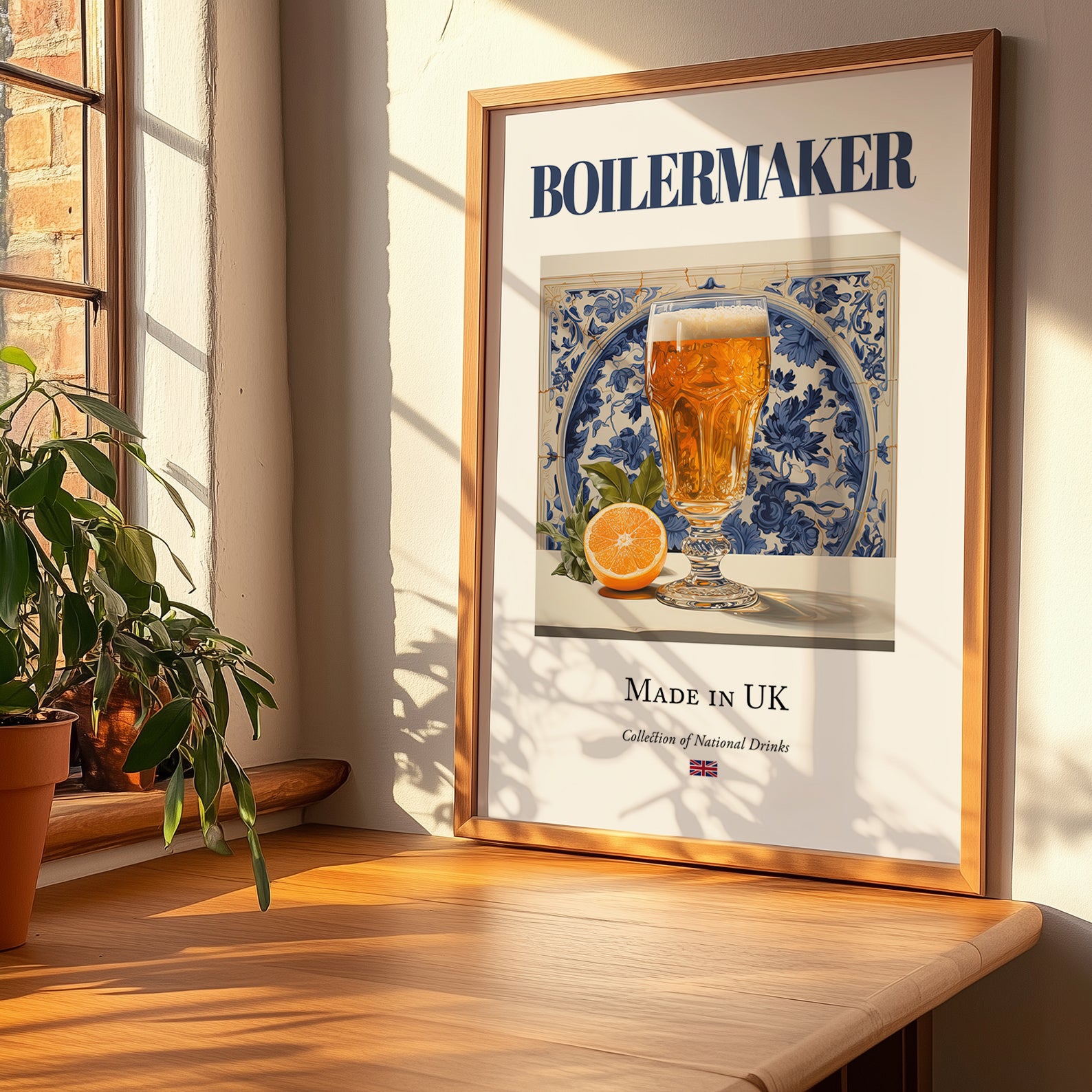 Boilermaker – English Cocktail Drink, Beach Bar Print, no-text version framed in wood