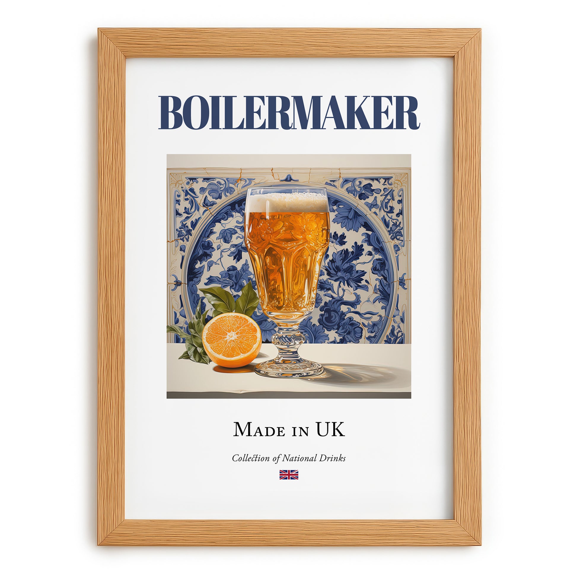 Boilermaker – English Cocktail Drink, Beach Bar Print, set in oak frame