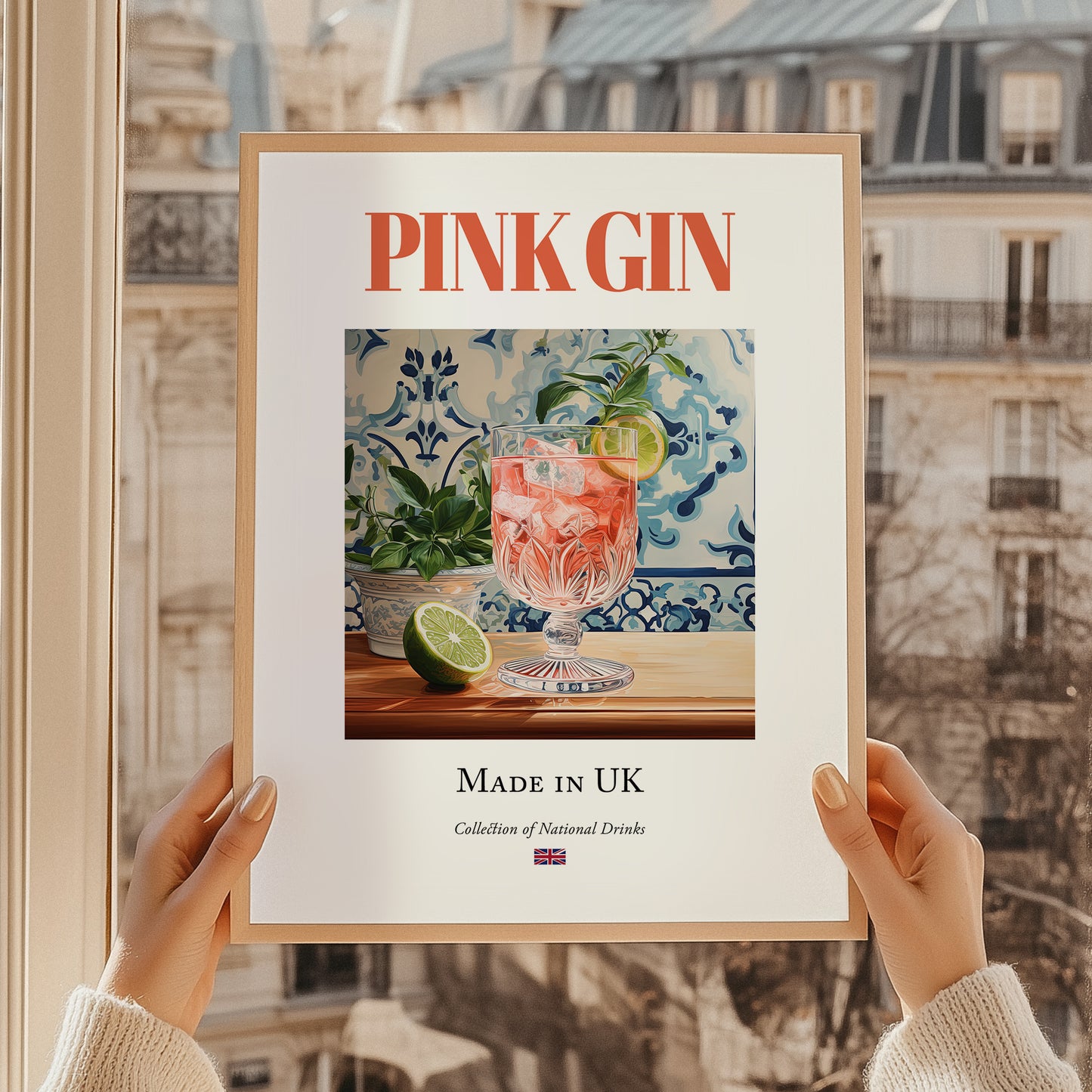 Pink Gin – English Cocktail Drink, Speakeasy Wall Decor, styled in a charming Paris street view