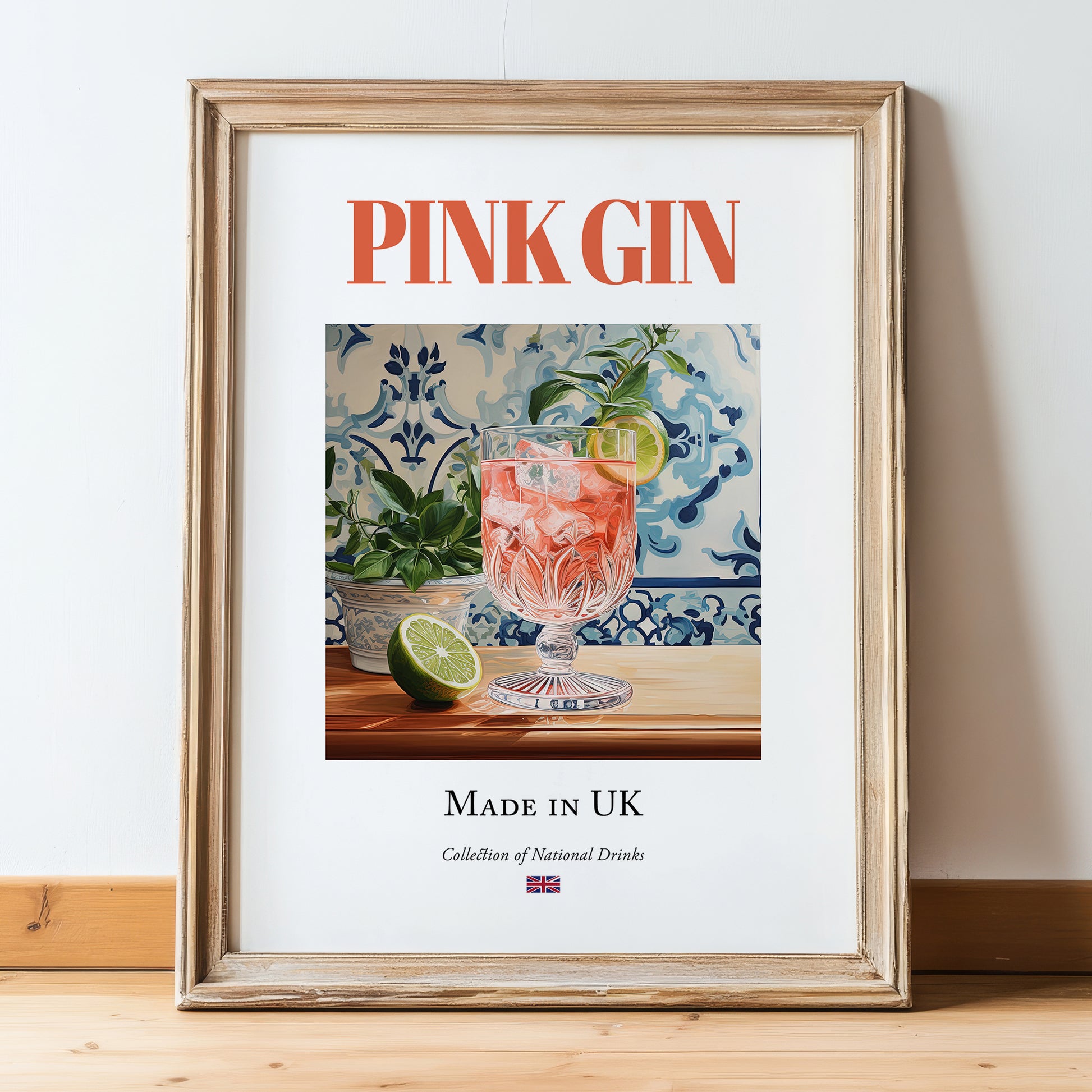 Pink Gin – English Cocktail Drink, Speakeasy Wall Decor, in wooden frame leaning on the floor