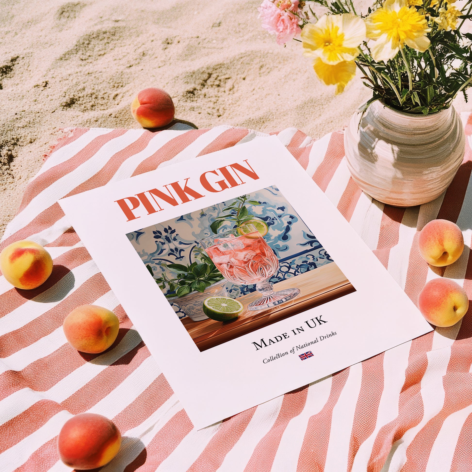 Pink Gin – English Cocktail Drink, Speakeasy Wall Decor, unframed on coastal sand