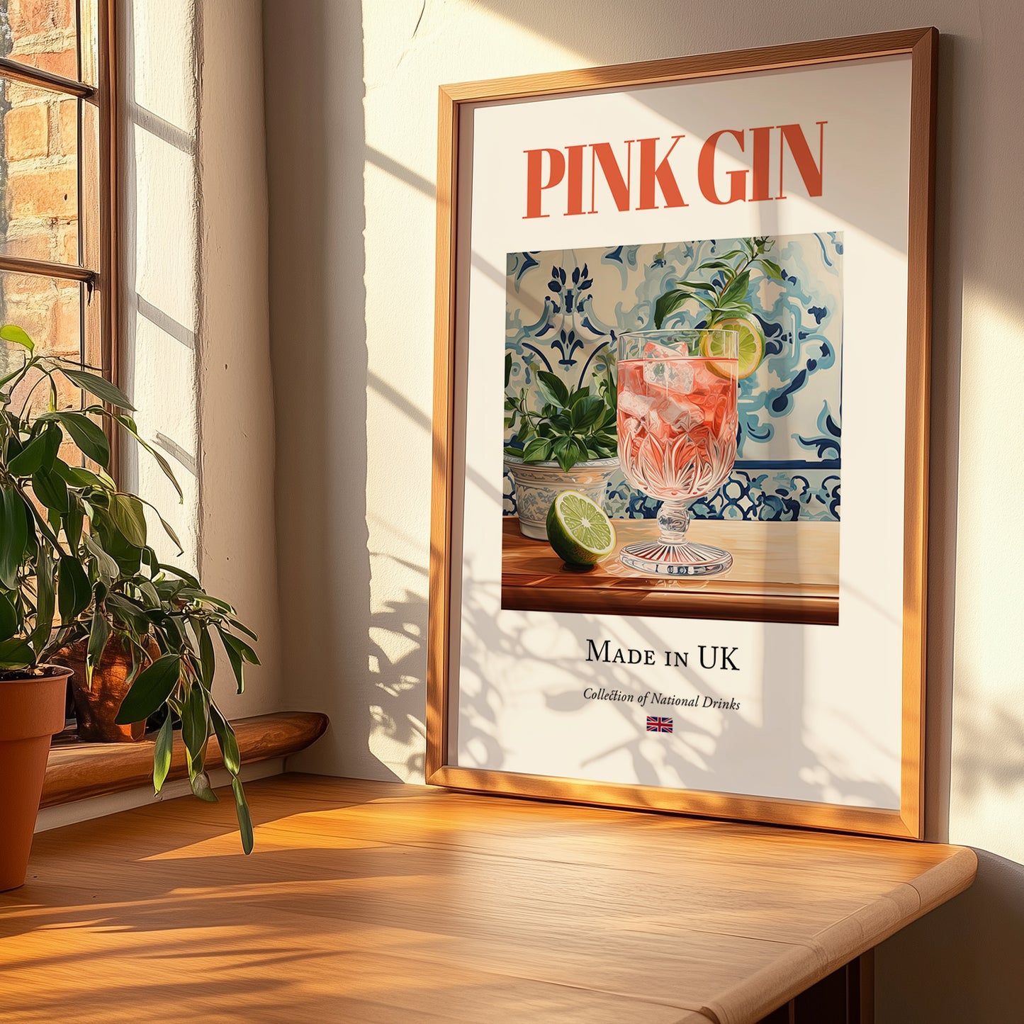 Pink Gin – English Cocktail Drink, Speakeasy Wall Decor, no-text version framed in wood