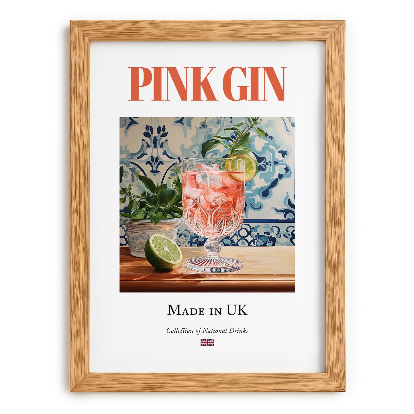 Pink Gin – English Cocktail Drink, Speakeasy Wall Decor, set in oak frame