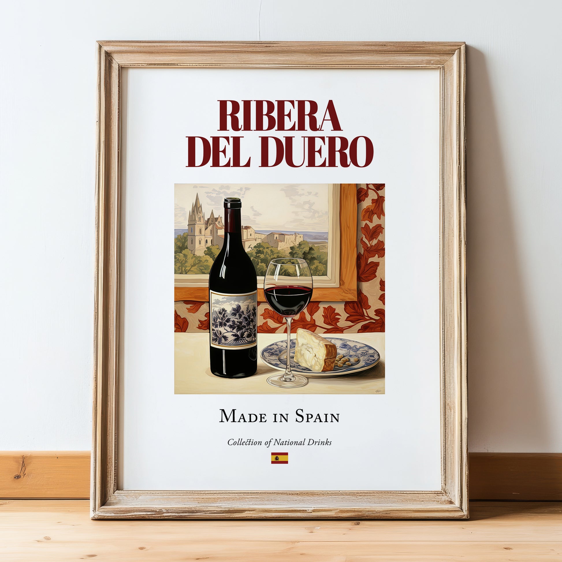 Ribera del Duero – Spanish Red Wine, Wine Bar Poster, in wooden frame leaning on the floor