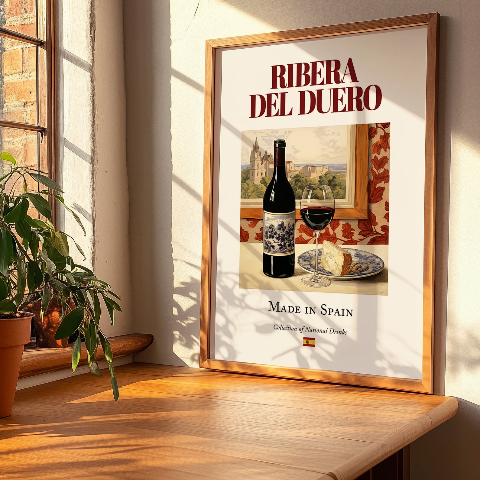 Ribera del Duero – Spanish Red Wine, Wine Bar Poster, no-text version framed in wood