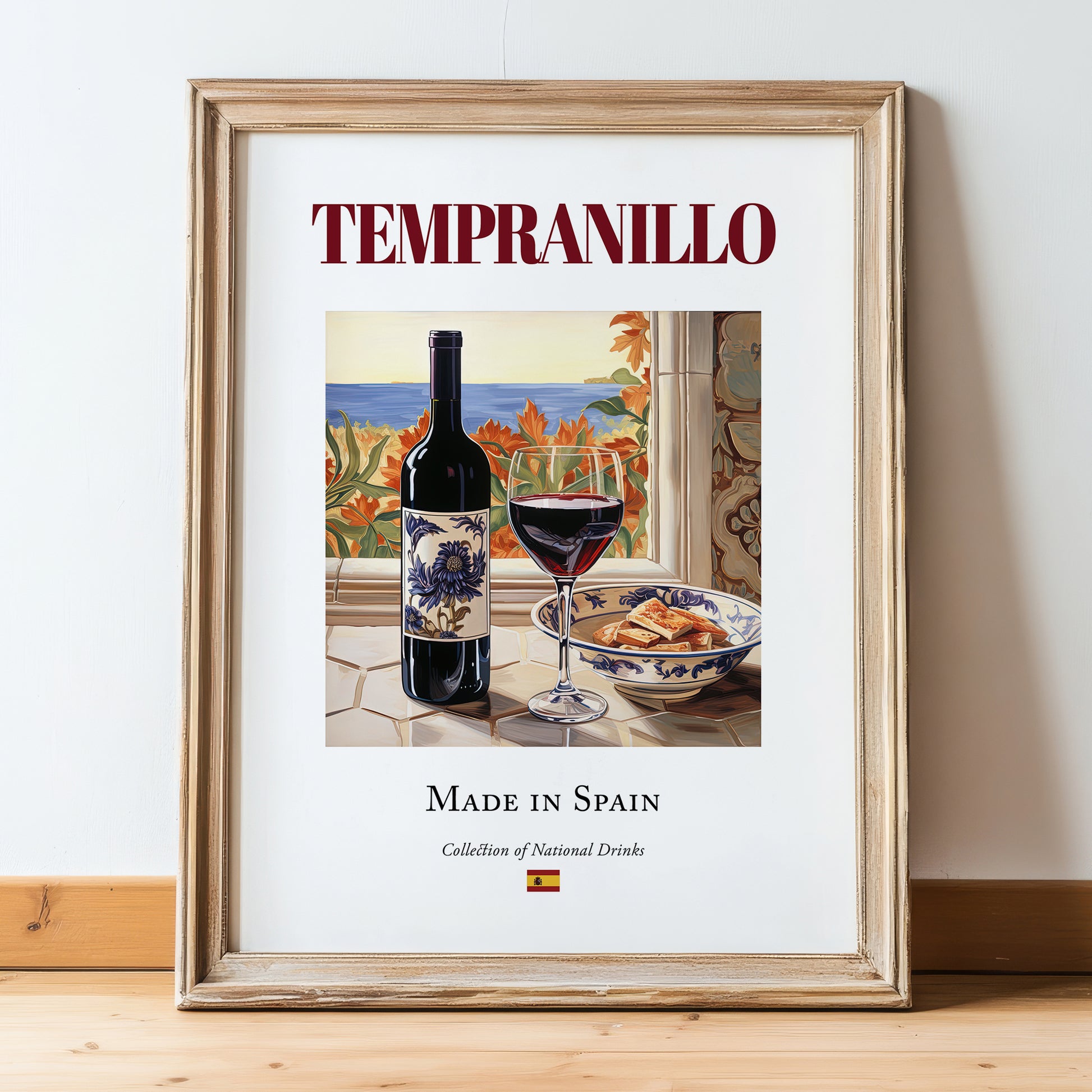 Tempranillo – Spanish Red Wine, Enoteca Illustration, in wooden frame leaning on the floor