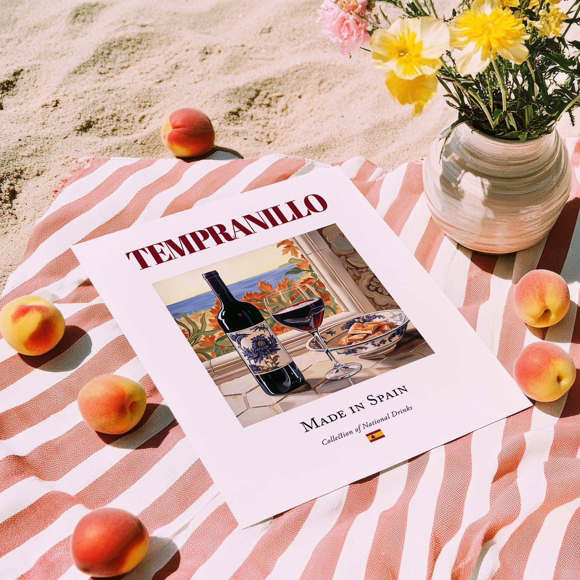 Tempranillo – Spanish Red Wine, Enoteca Illustration, unframed on coastal sand