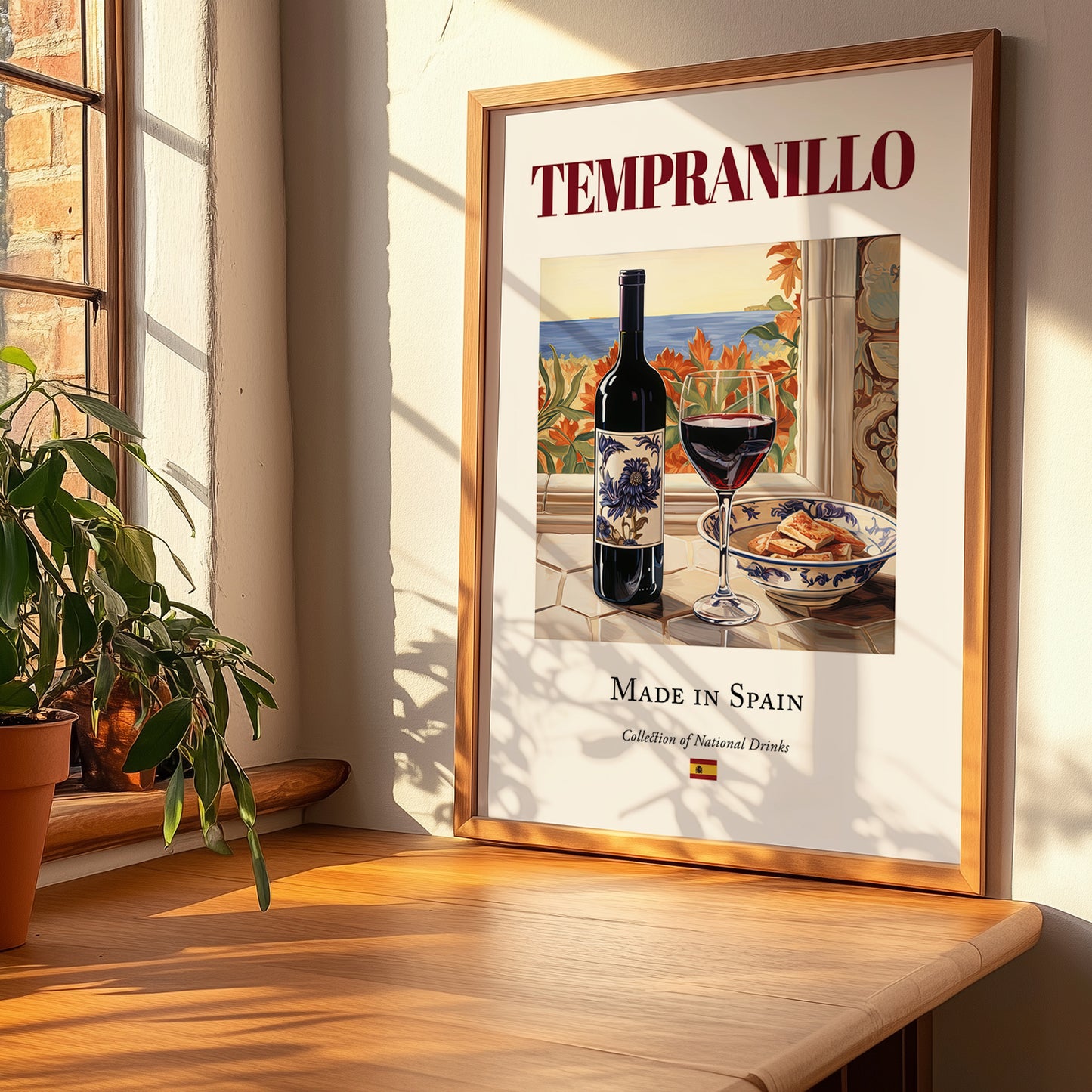 Tempranillo – Spanish Red Wine, Enoteca Illustration, no-text version framed in wood