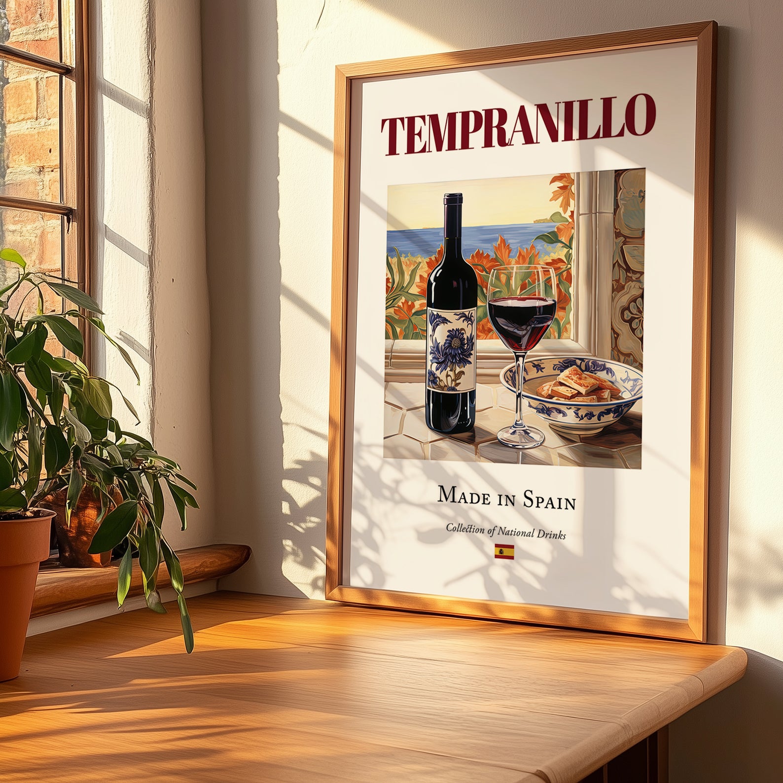 Tempranillo – Spanish Red Wine, Enoteca Illustration, no-text version framed in wood