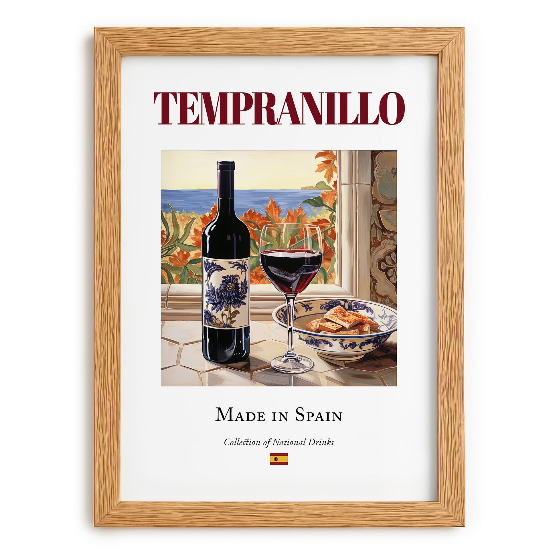 Tempranillo – Spanish Red Wine, Enoteca Illustration, set in oak frame