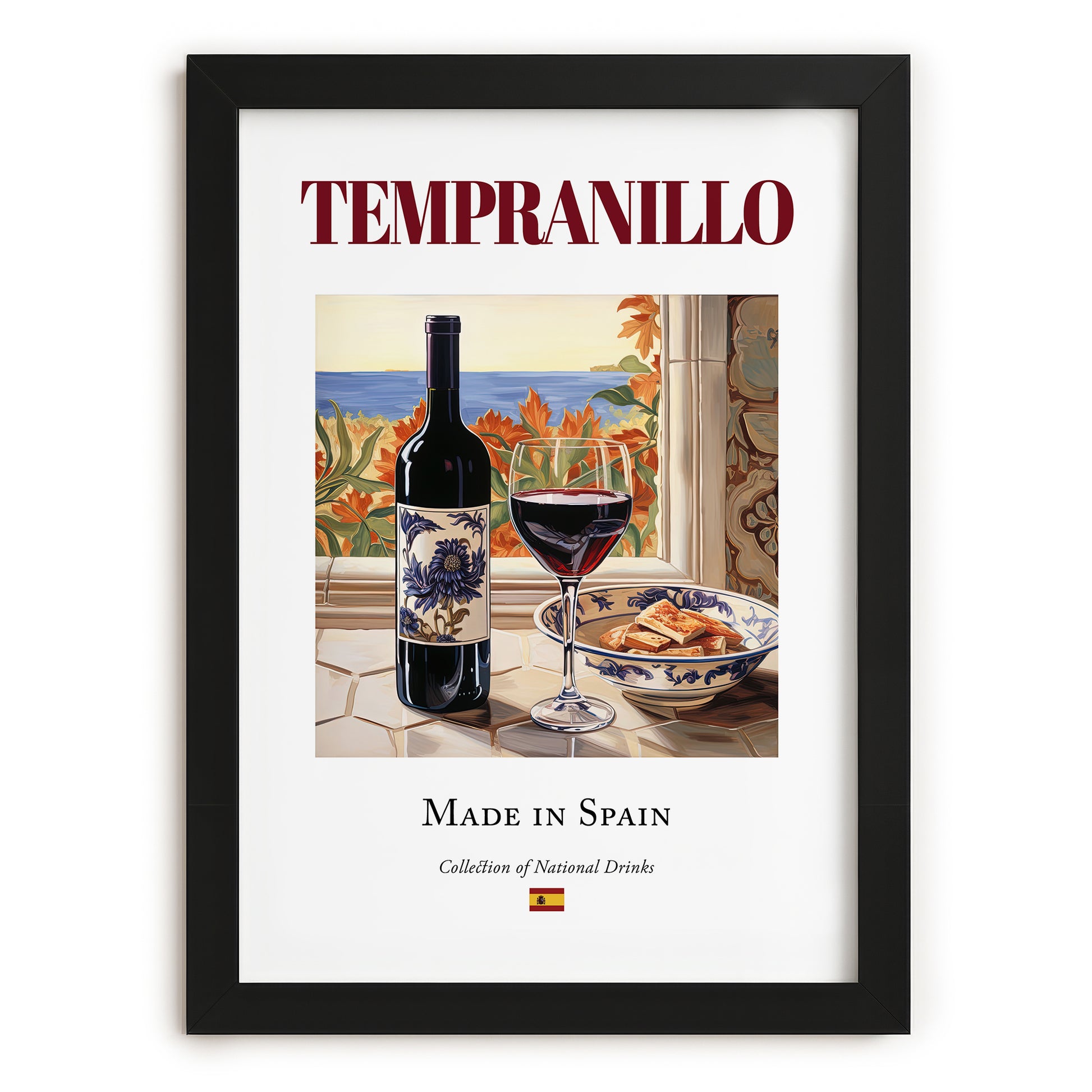 Tempranillo – Spanish Red Wine, Enoteca Illustration, in sleek black frame