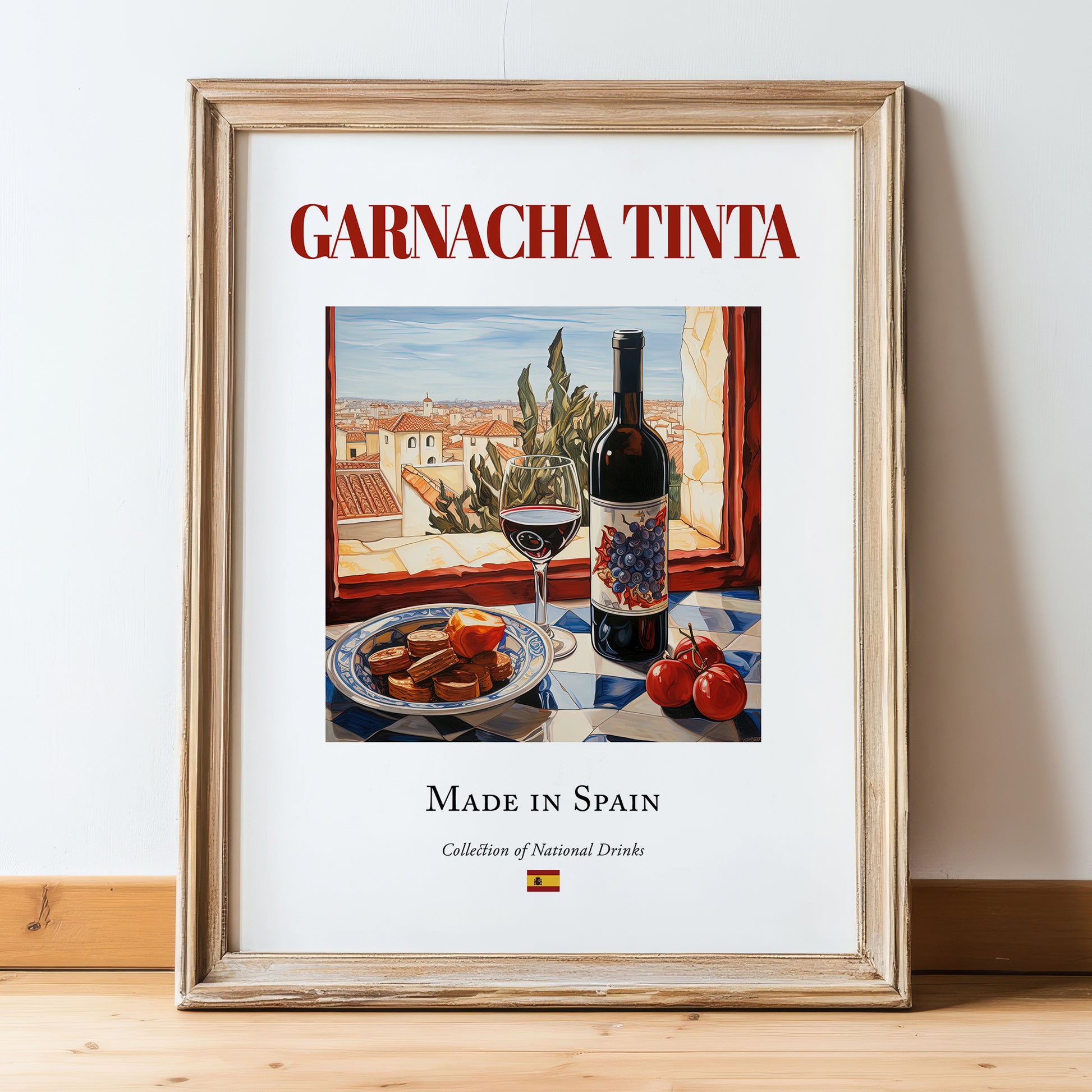 Garnacha tinta – Spanish Red Wine, Vinoteca Wall Art, in wooden frame leaning on the floor