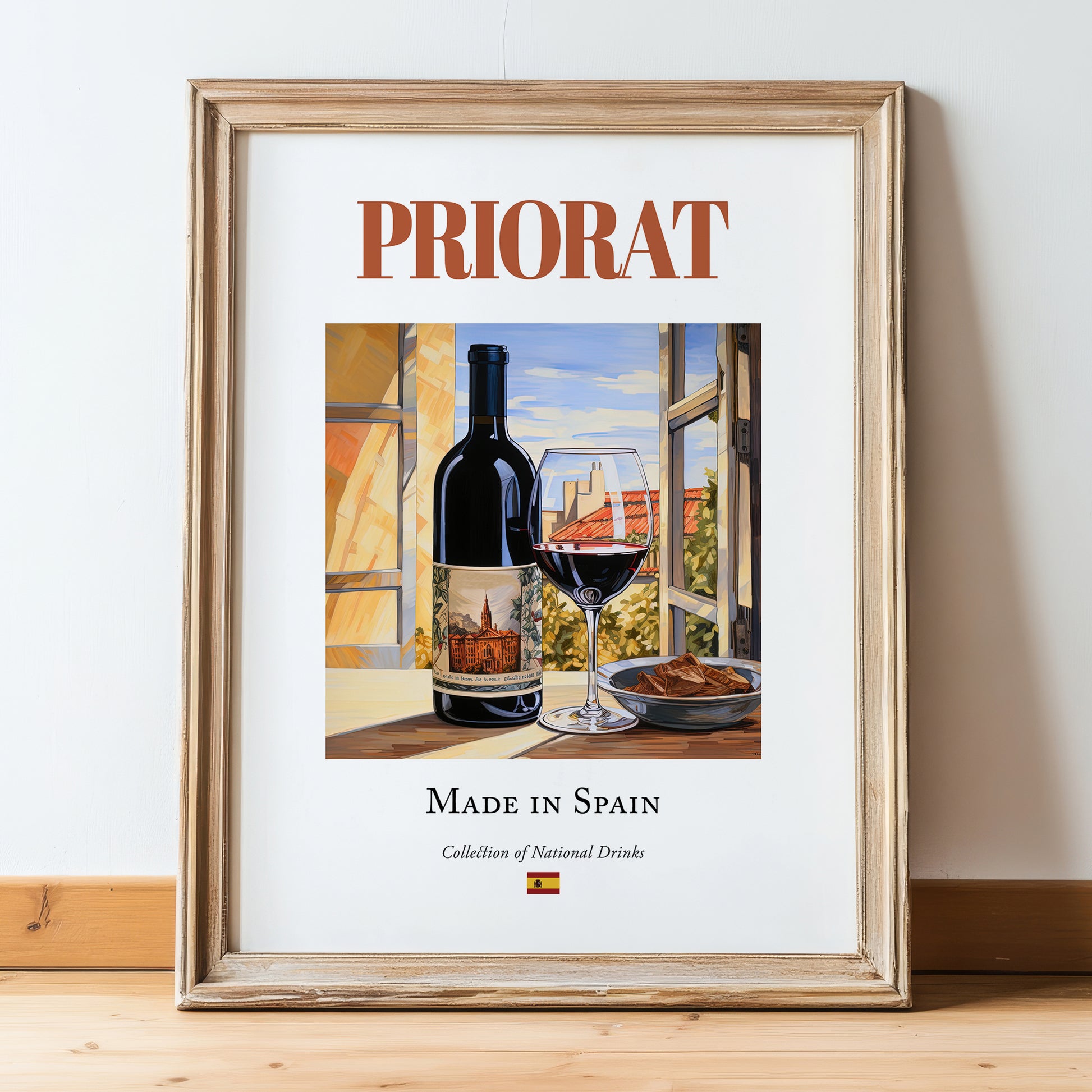 Priorat – Spanish Red Wine, Wine Bar Art, in wooden frame leaning on the floor