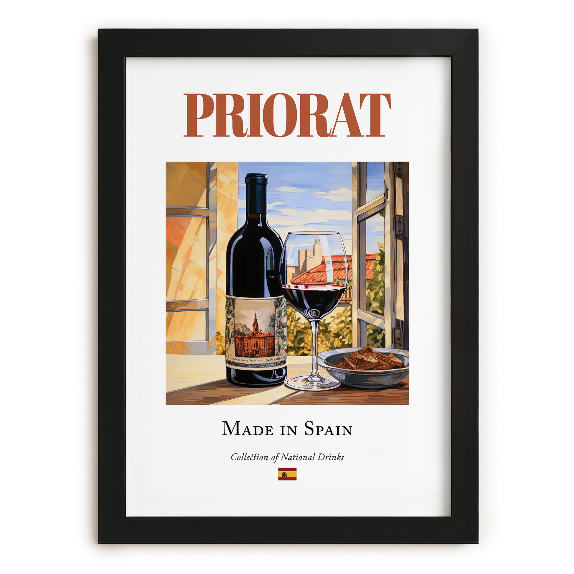 Priorat – Spanish Red Wine, Wine Bar Art, in sleek black frame