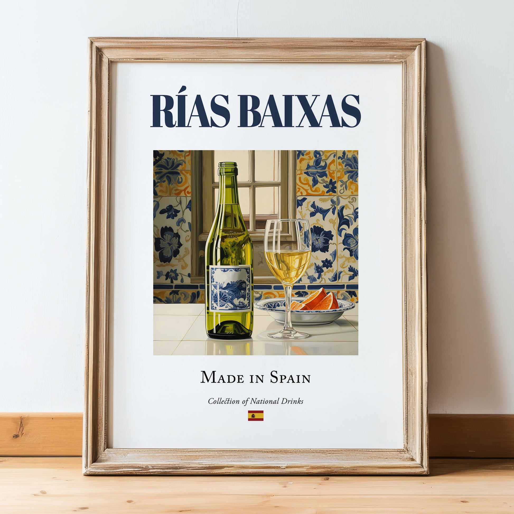 Rías Baixas – Spanish White Wine, Tasting Room Wall Decor, in wooden frame leaning on the floor