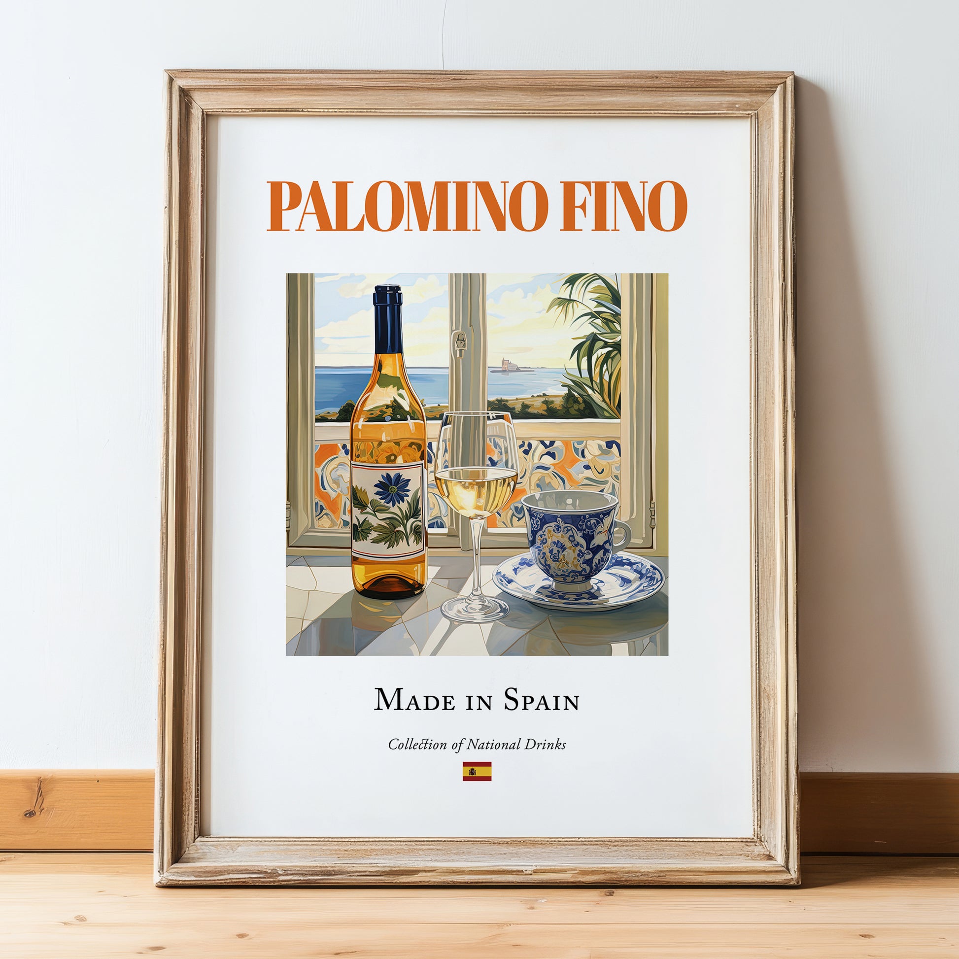 Palomino Fino – Spanish White Wine, Vineyard Terrace Print, in wooden frame leaning on the floor