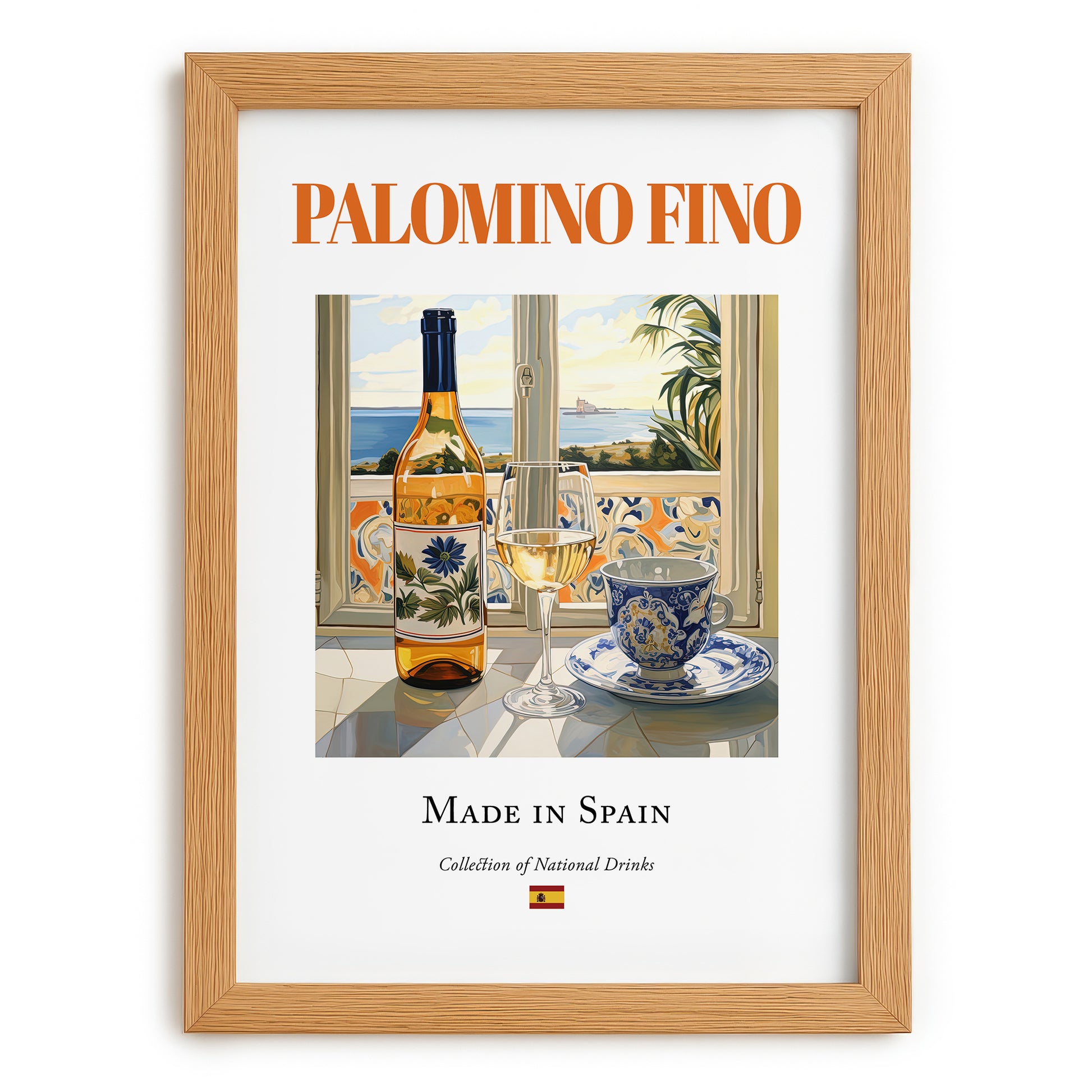 Palomino Fino – Spanish White Wine, Vineyard Terrace Print, set in oak frame