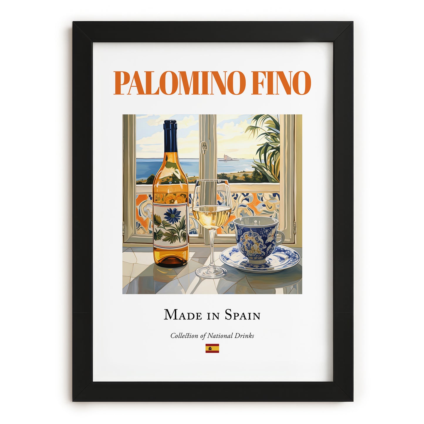 Palomino Fino – Spanish White Wine, Vineyard Terrace Print, in sleek black frame
