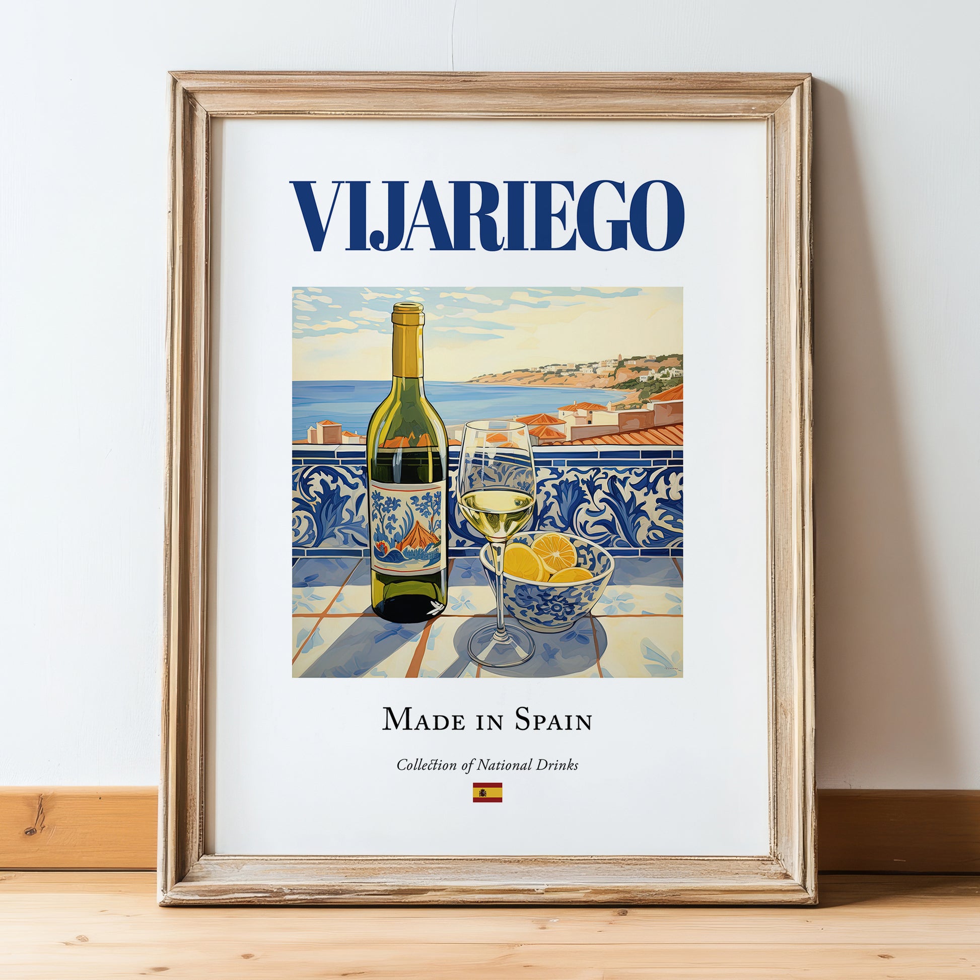 Vijariego – Spanish White Wine, Vinoteca Wall Art, in wooden frame leaning on the floor