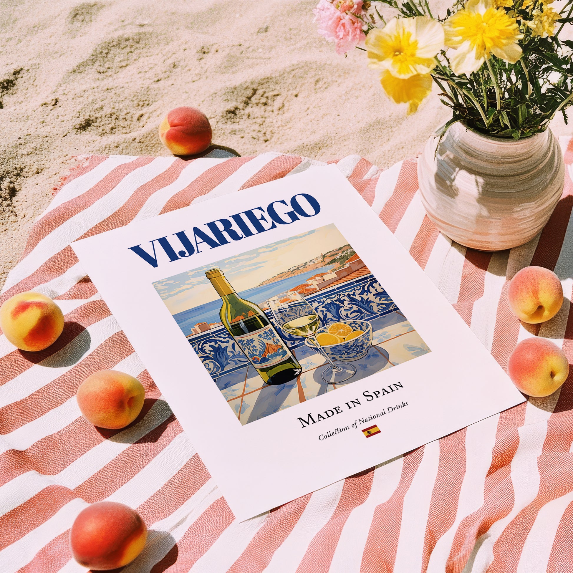Vijariego – Spanish White Wine, Vinoteca Wall Art, unframed on coastal sand