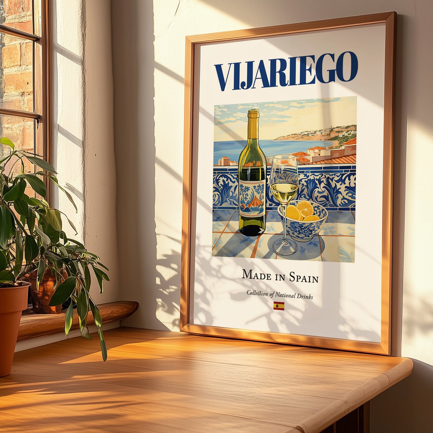 Vijariego – Spanish White Wine, Vinoteca Wall Art, no-text version framed in wood