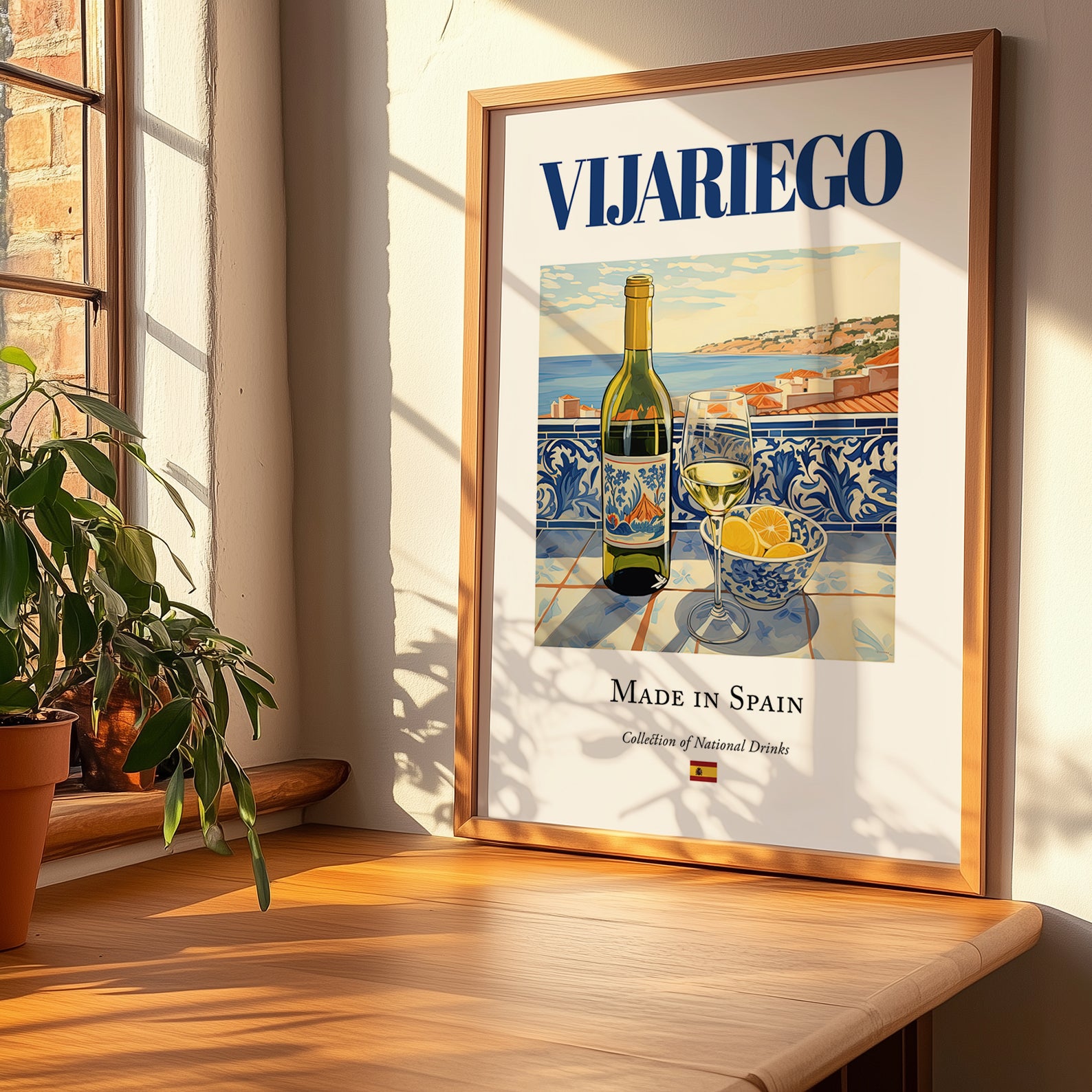 Vijariego – Spanish White Wine, Vinoteca Wall Art, no-text version framed in wood