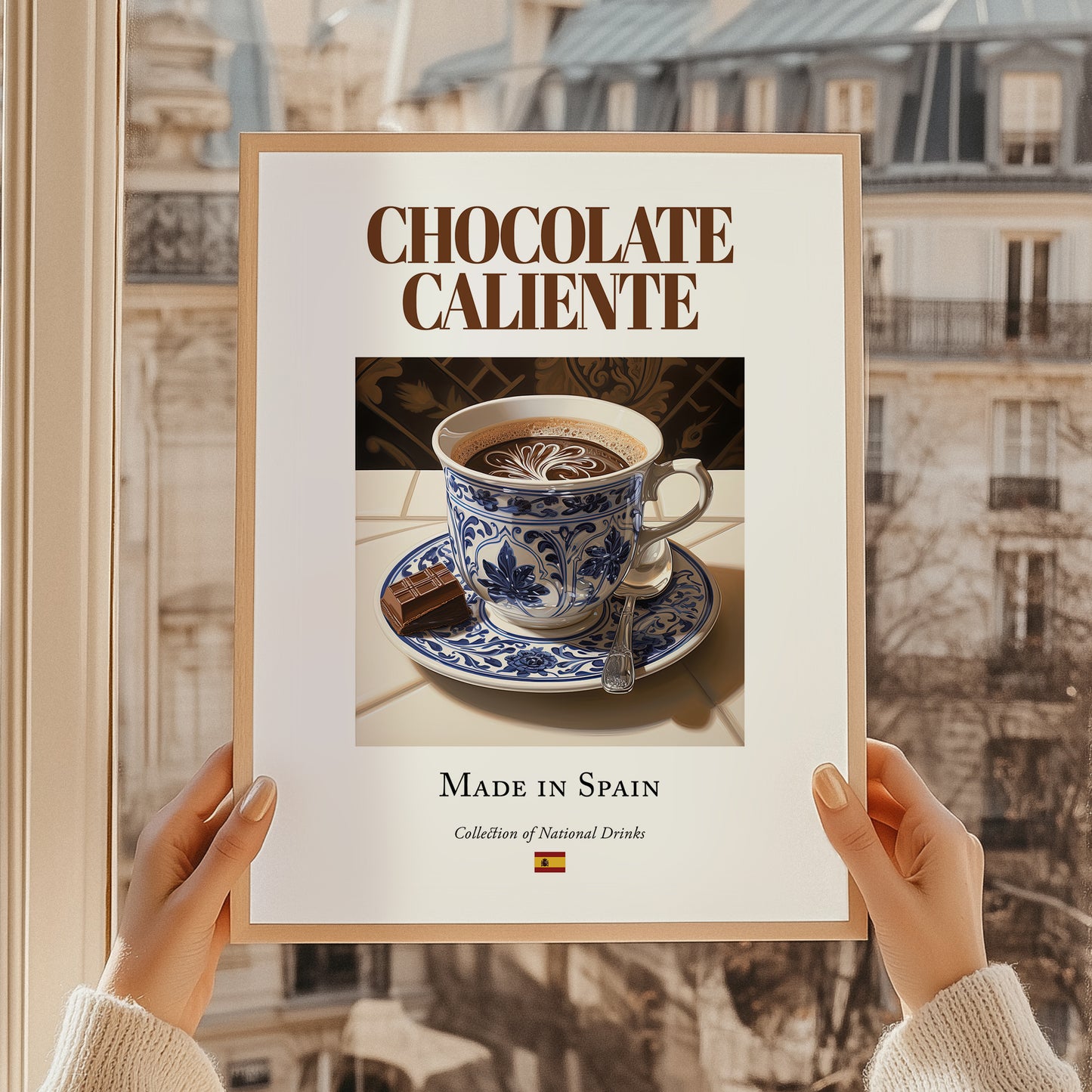 Chocolate caliente – Spanish Beverage Drink, Beach Bar Still Life, styled in a charming Paris street view