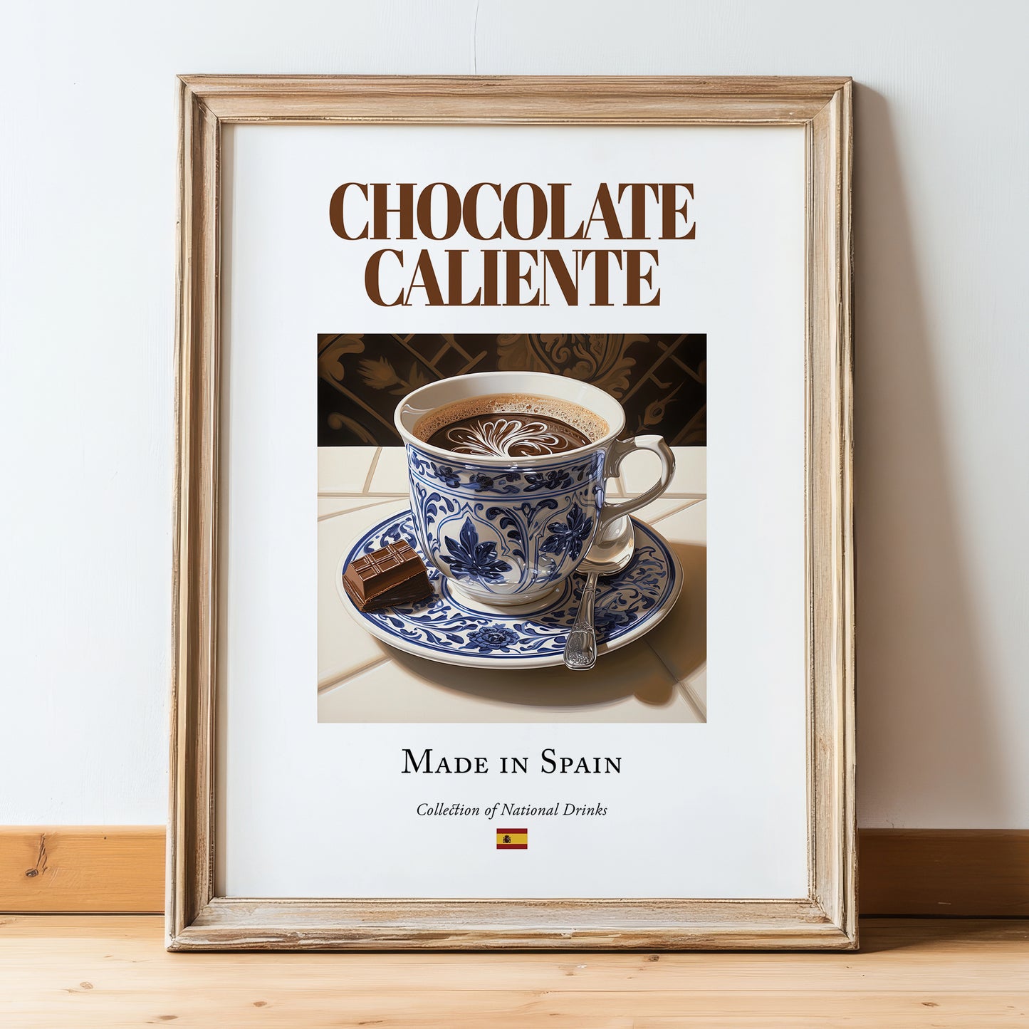 Chocolate caliente – Spanish Beverage Drink, Beach Bar Still Life, in wooden frame leaning on the floor