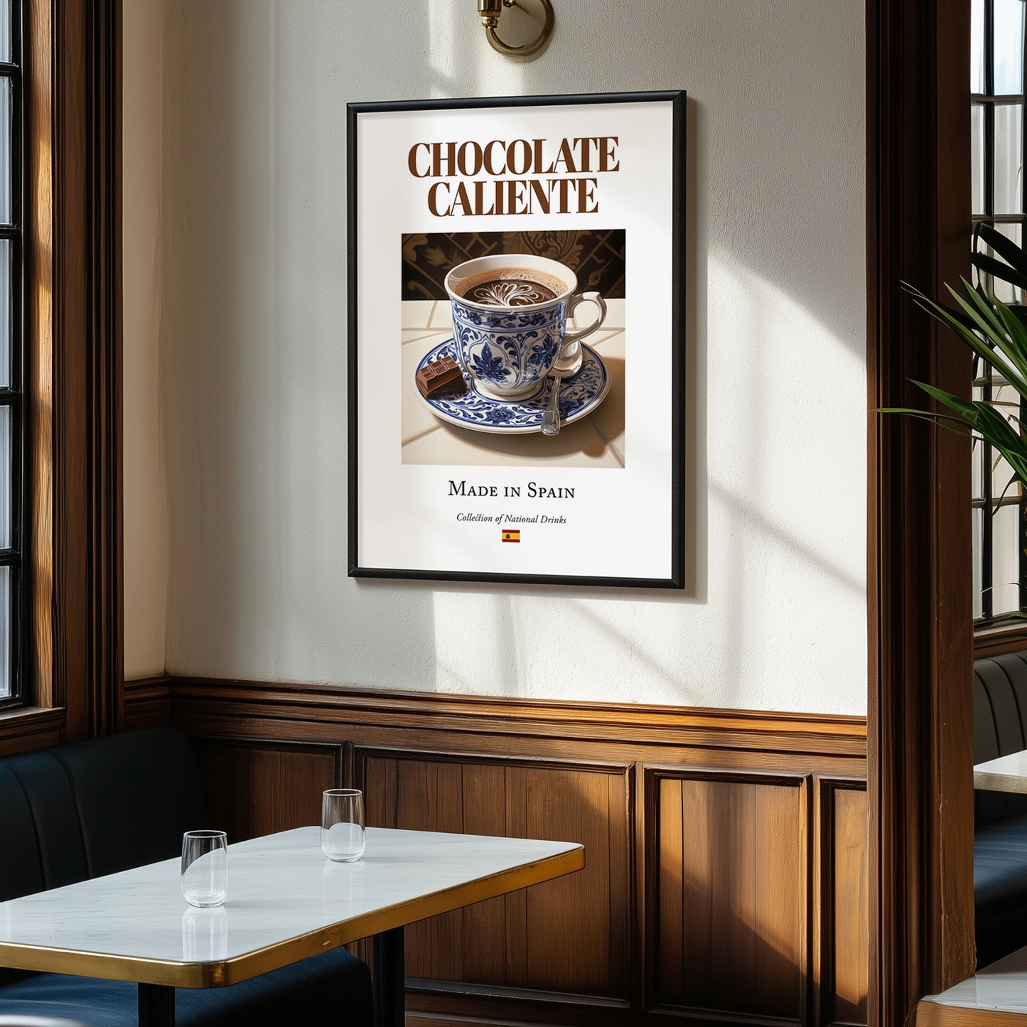 Chocolate caliente – Spanish Beverage Drink, Beach Bar Still Life, clean layout with no caption