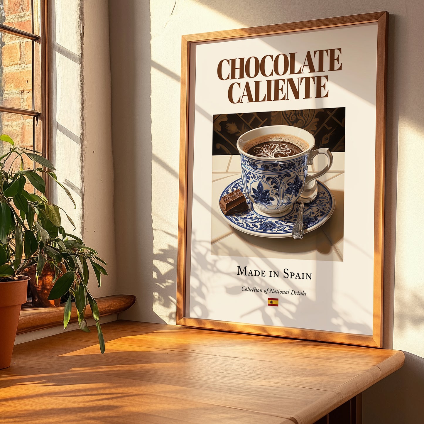 Chocolate caliente – Spanish Beverage Drink, Beach Bar Still Life, no-text version framed in wood