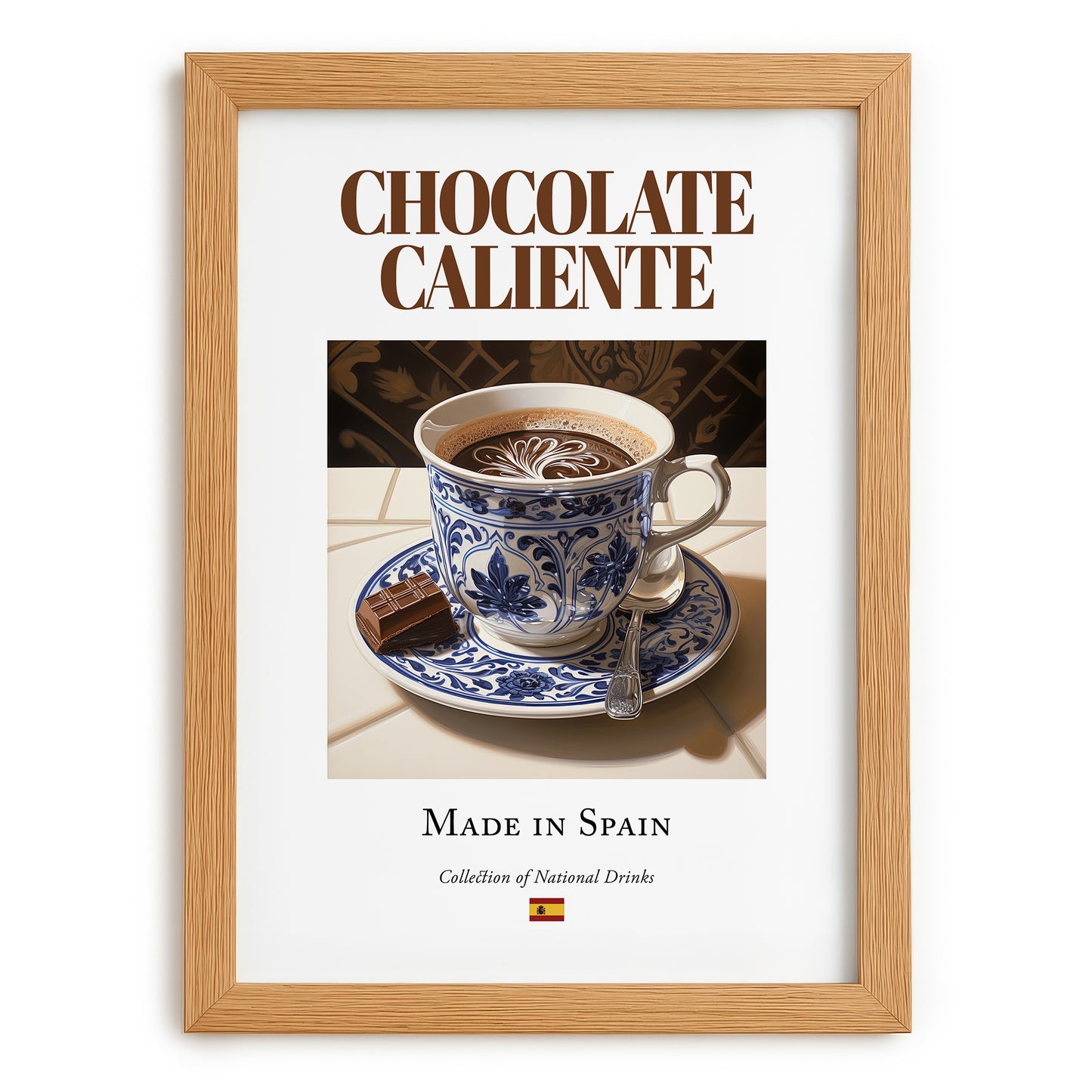 Chocolate caliente – Spanish Beverage Drink, Beach Bar Still Life, set in oak frame