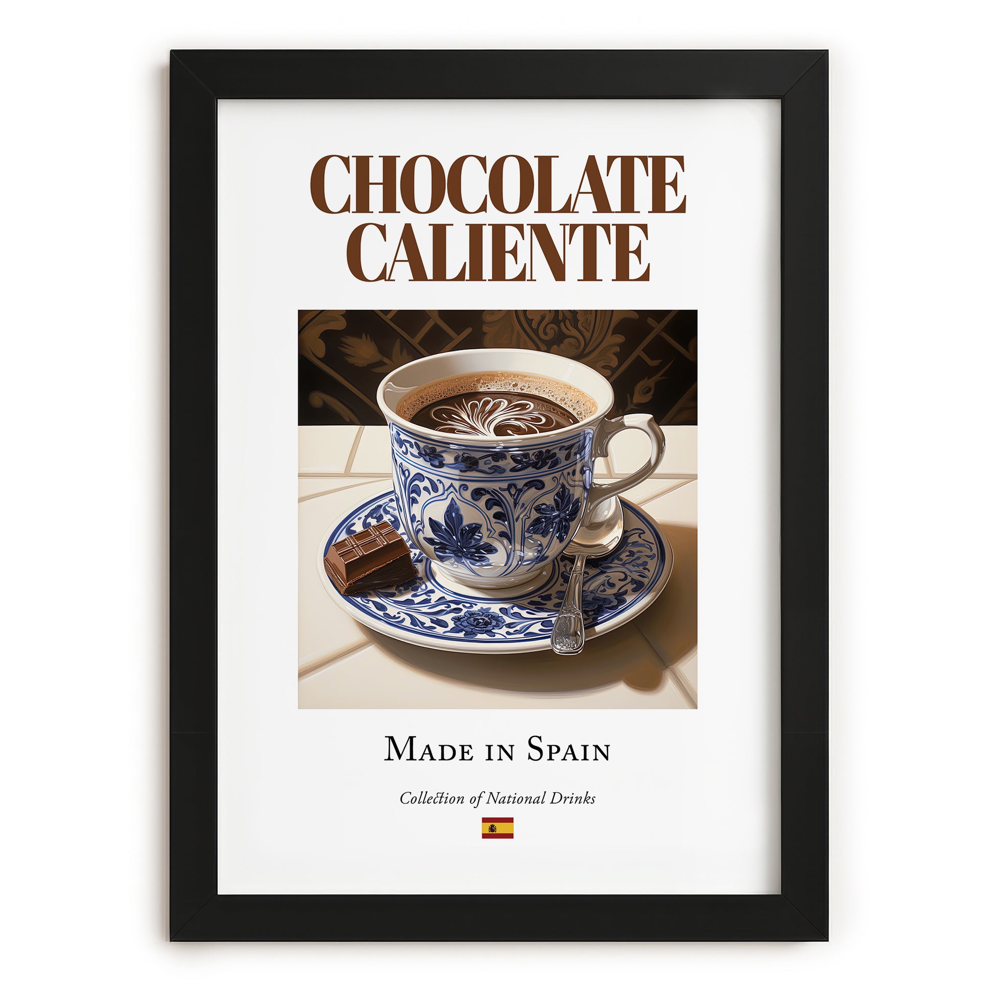 Chocolate caliente – Spanish Beverage Drink, Beach Bar Still Life, in sleek black frame
