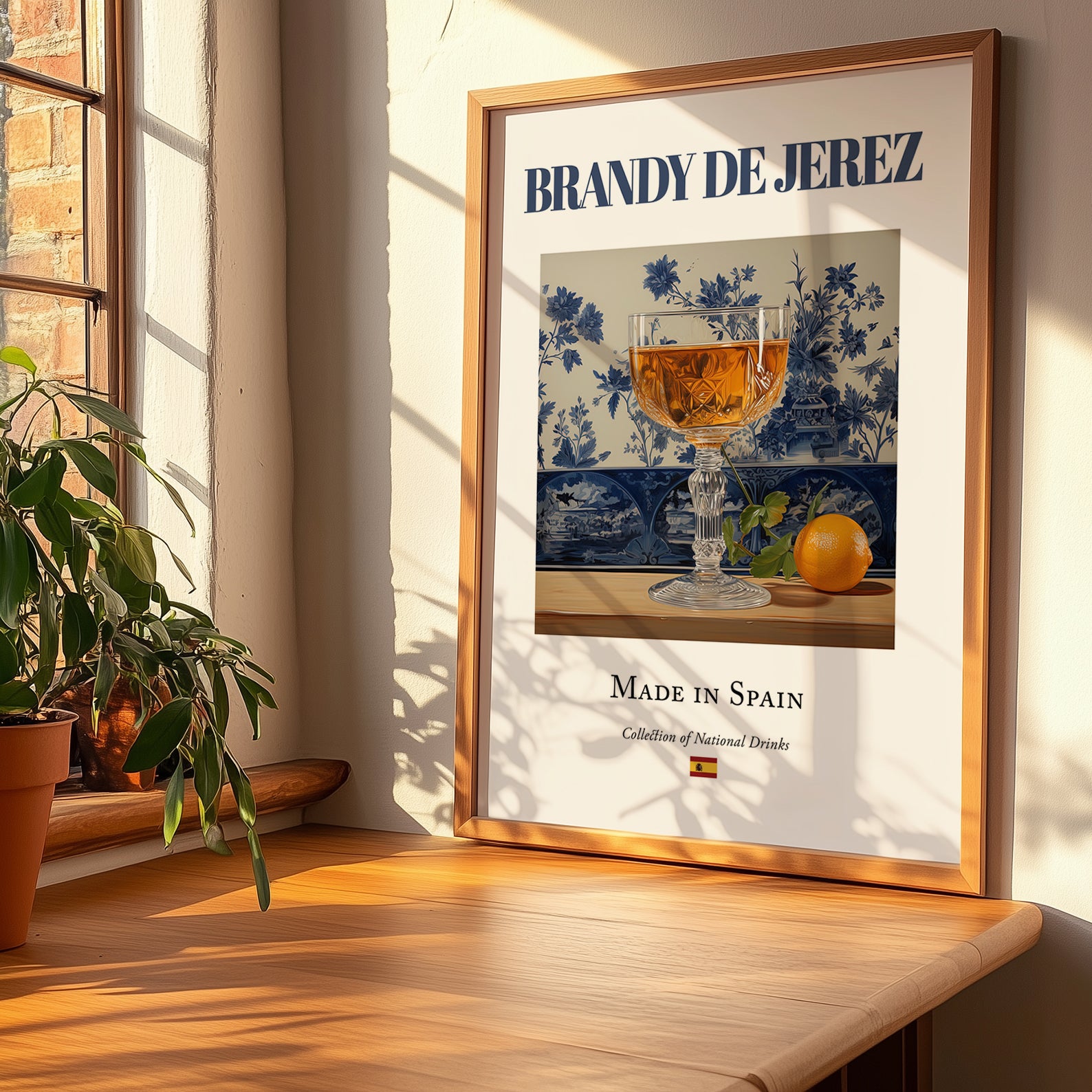 Brandy de Jerez – Spanish Spirit Drink, Beach Bar Print, no-text version framed in wood