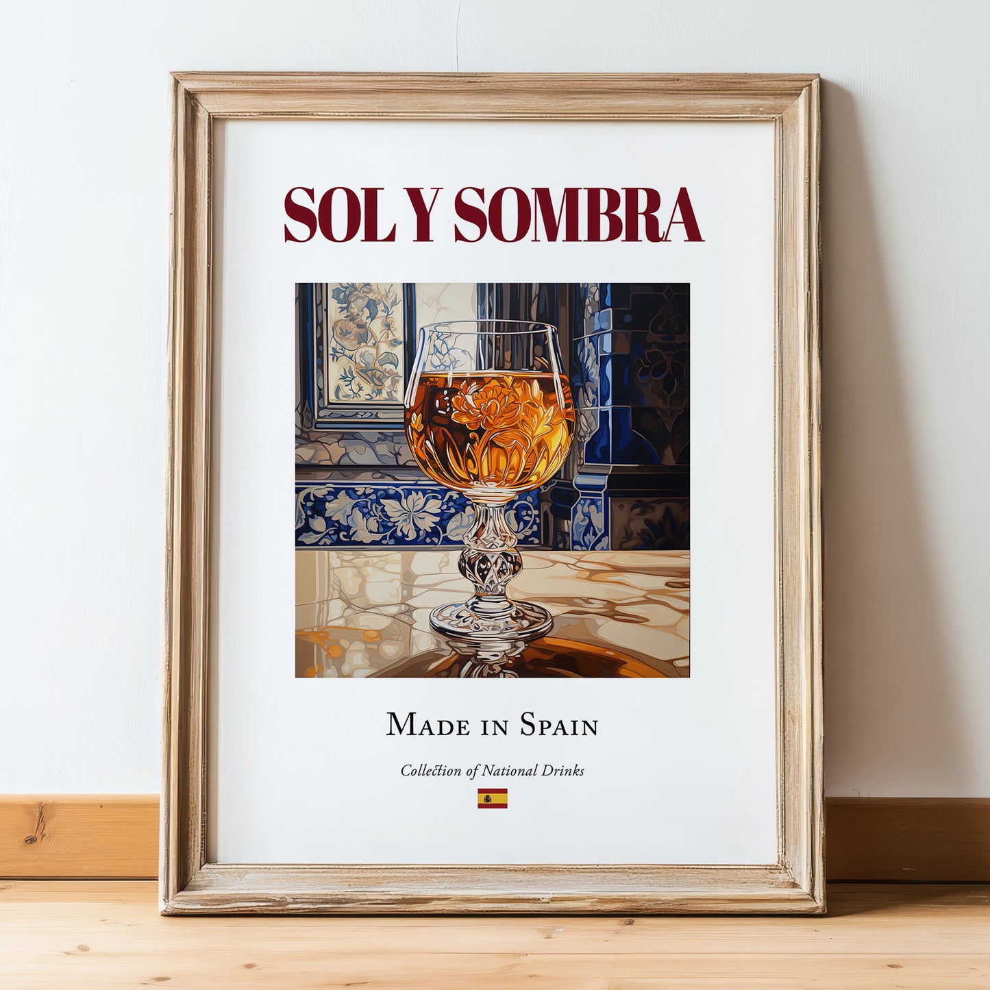 Sol y Sombra – Spanish Cocktail Drink, Cocktail Lounge Wall Art, in wooden frame leaning on the floor