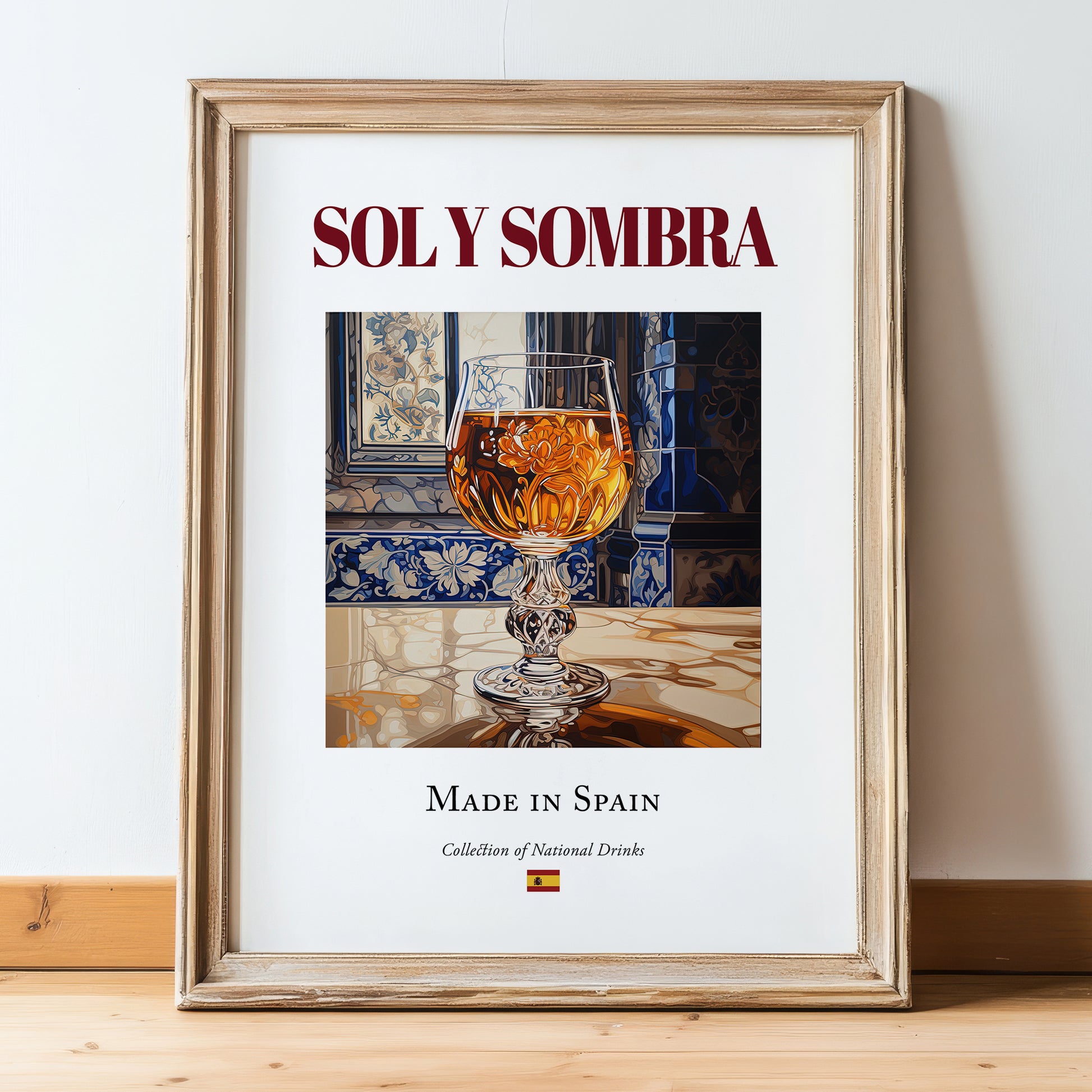 Sol y Sombra – Spanish Cocktail Drink, Cocktail Lounge Wall Art, in wooden frame leaning on the floor