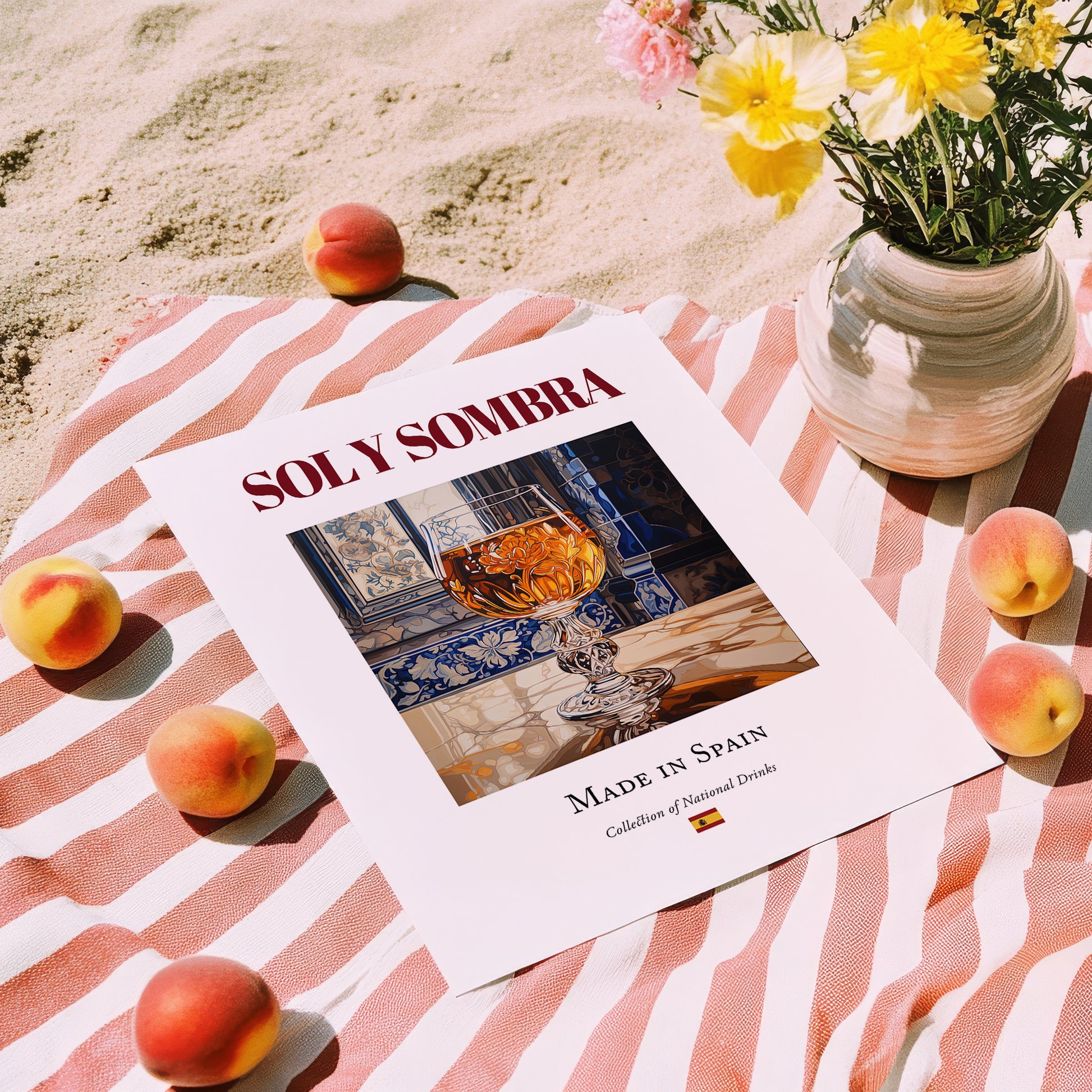Sol y Sombra – Spanish Cocktail Drink, Cocktail Lounge Wall Art, unframed on coastal sand