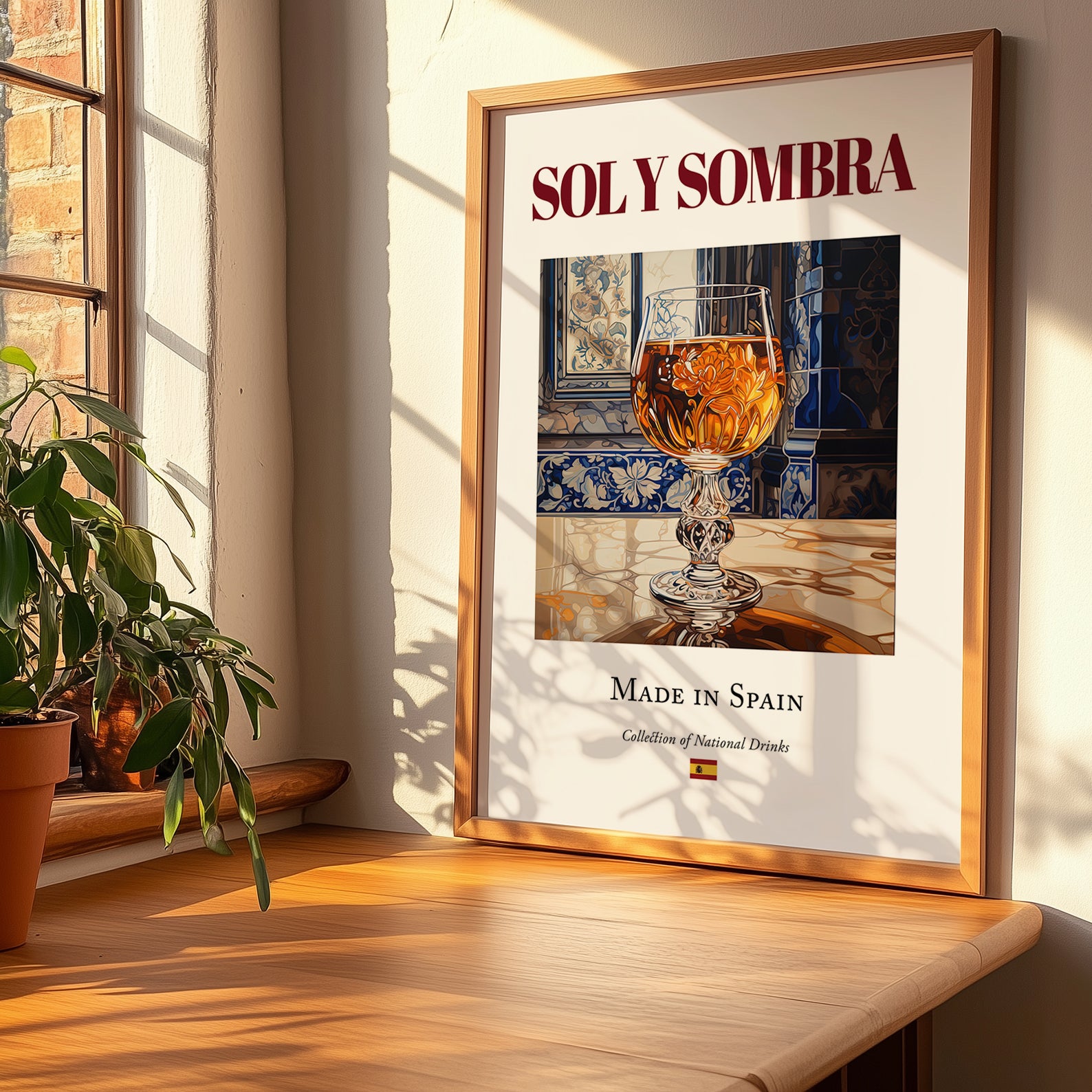 Sol y Sombra – Spanish Cocktail Drink, Cocktail Lounge Wall Art, no-text version framed in wood
