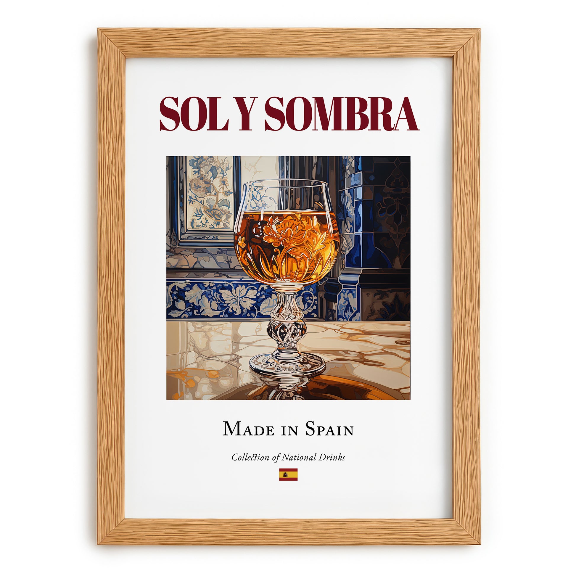 Sol y Sombra – Spanish Cocktail Drink, Cocktail Lounge Wall Art, set in oak frame
