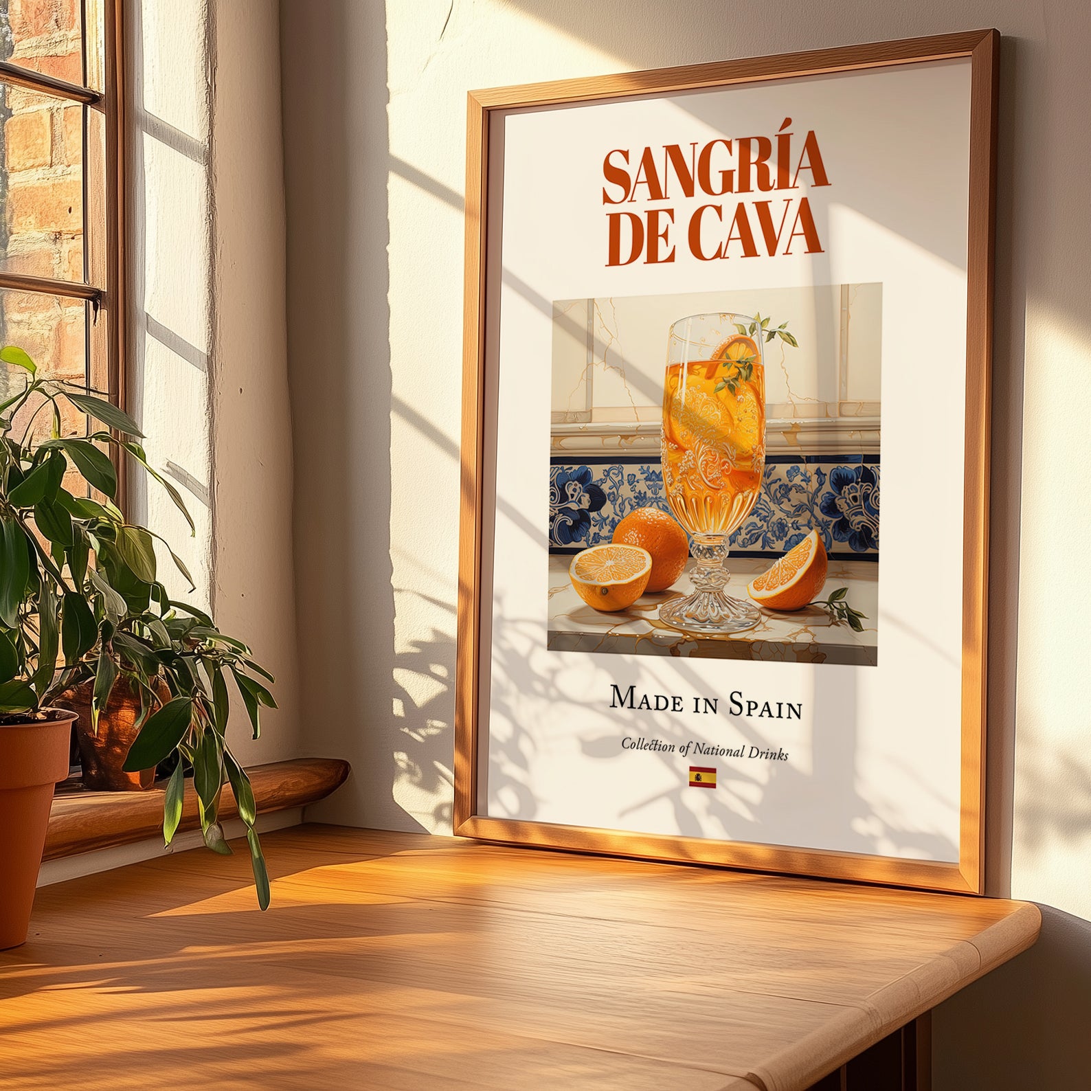 Sangría de Cava – Spanish Cocktail Drink, Beach Bar Painting, no-text version framed in wood