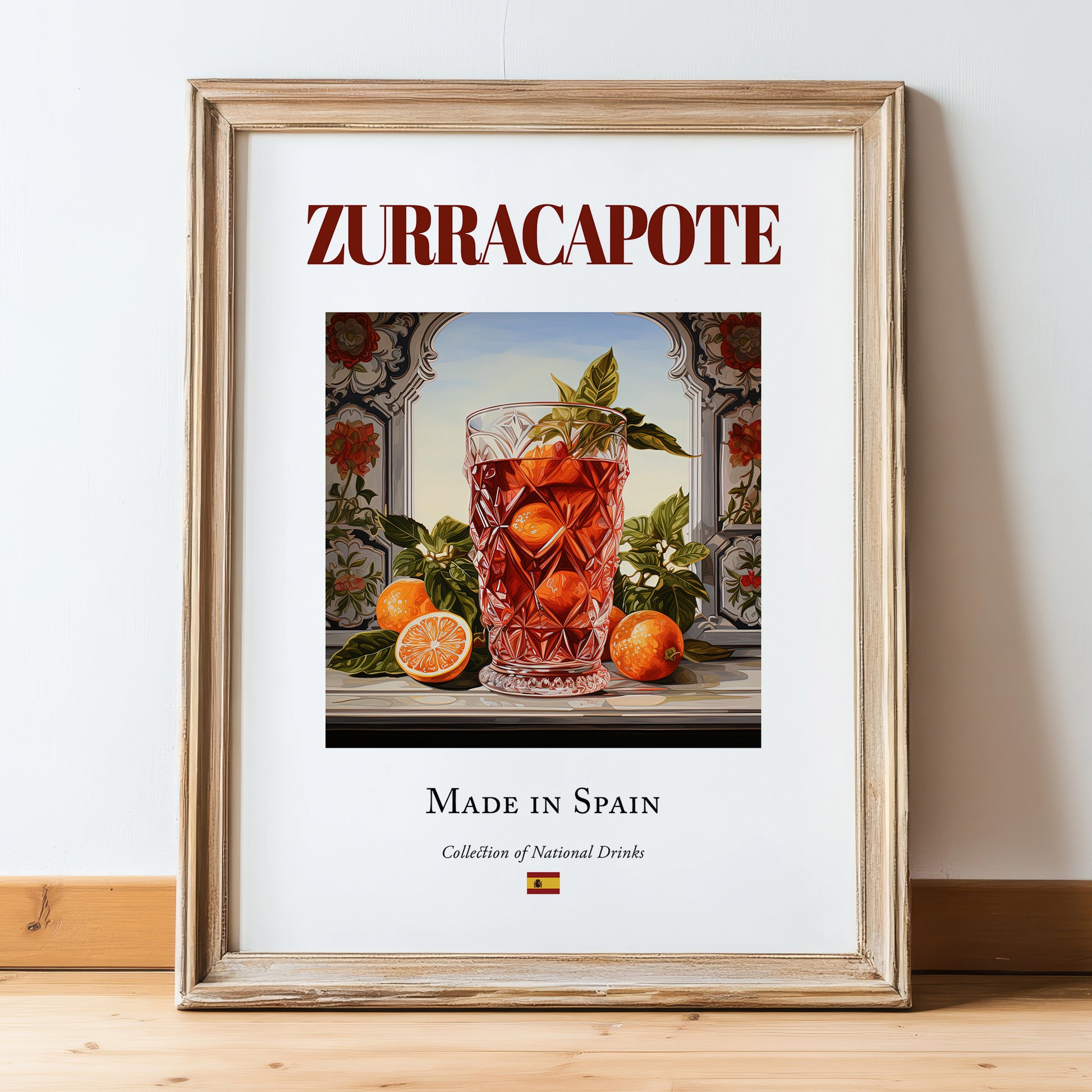 Zurracapote – Spanish Cocktail Drink, Sky Bar Print, in wooden frame leaning on the floor