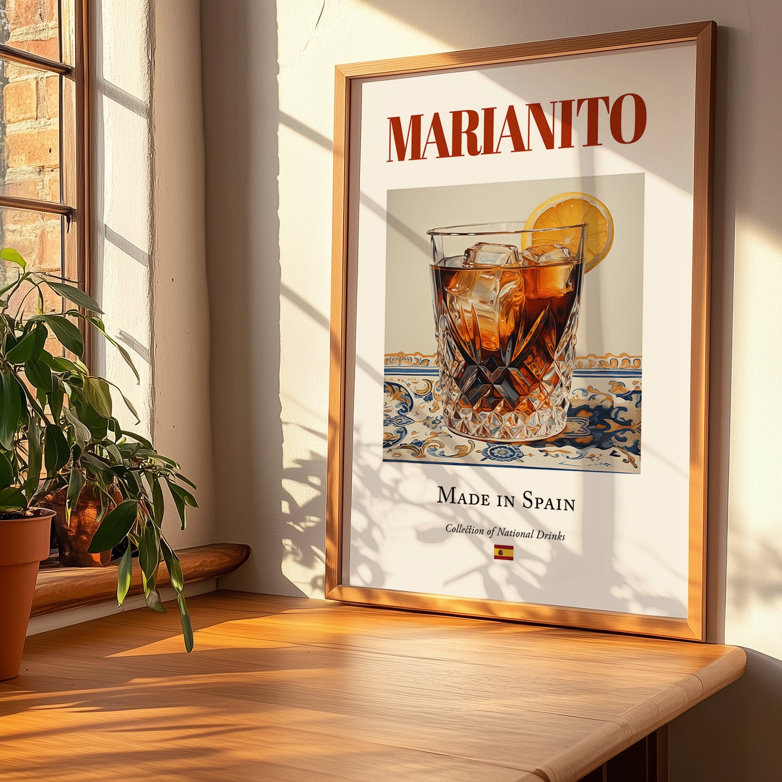 Marianito – Spanish Cocktail Drink, Beach Bar Painting, no-text version framed in wood