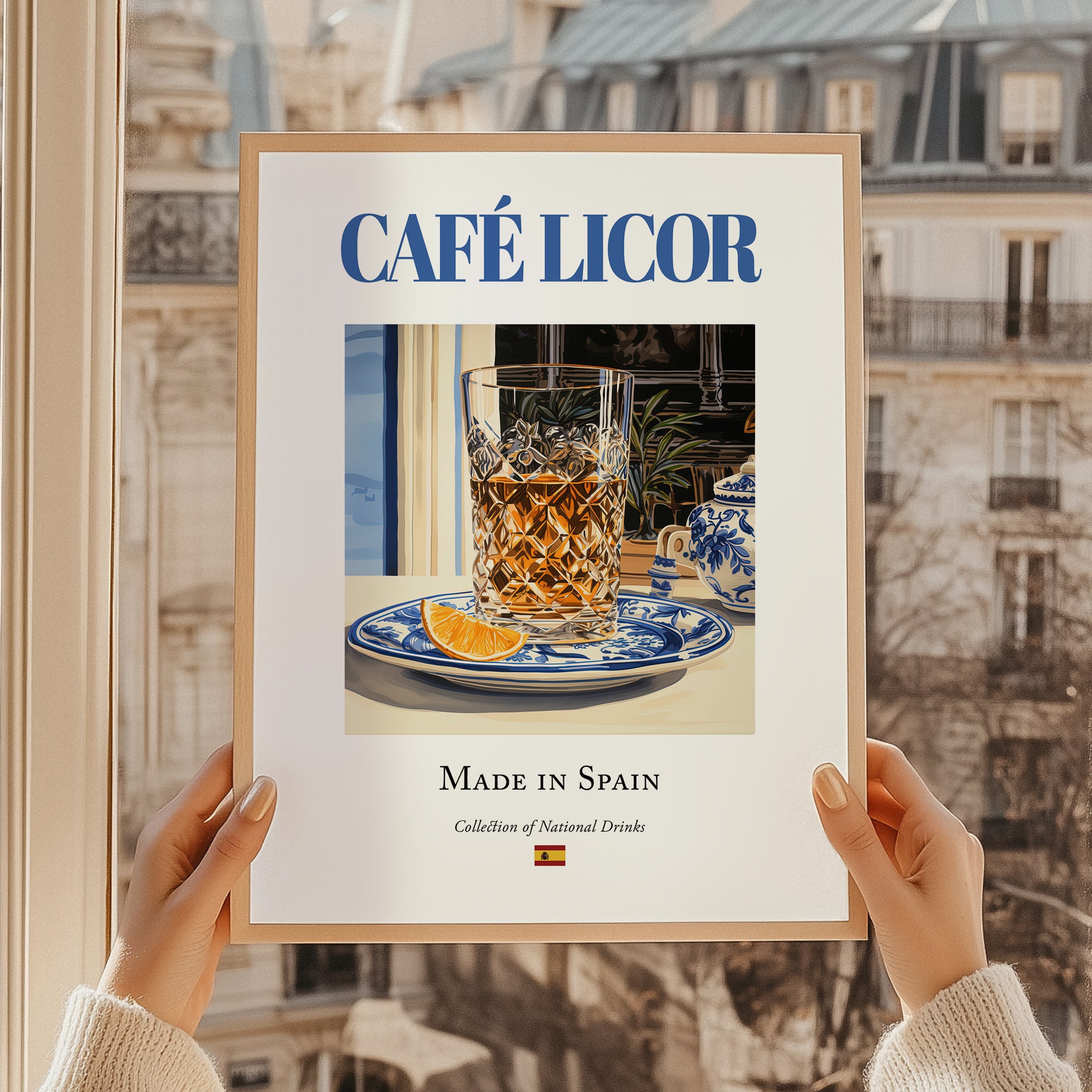 Café licor – Spanish Coffee, Coffeehouse Poster, styled in a charming Paris street view