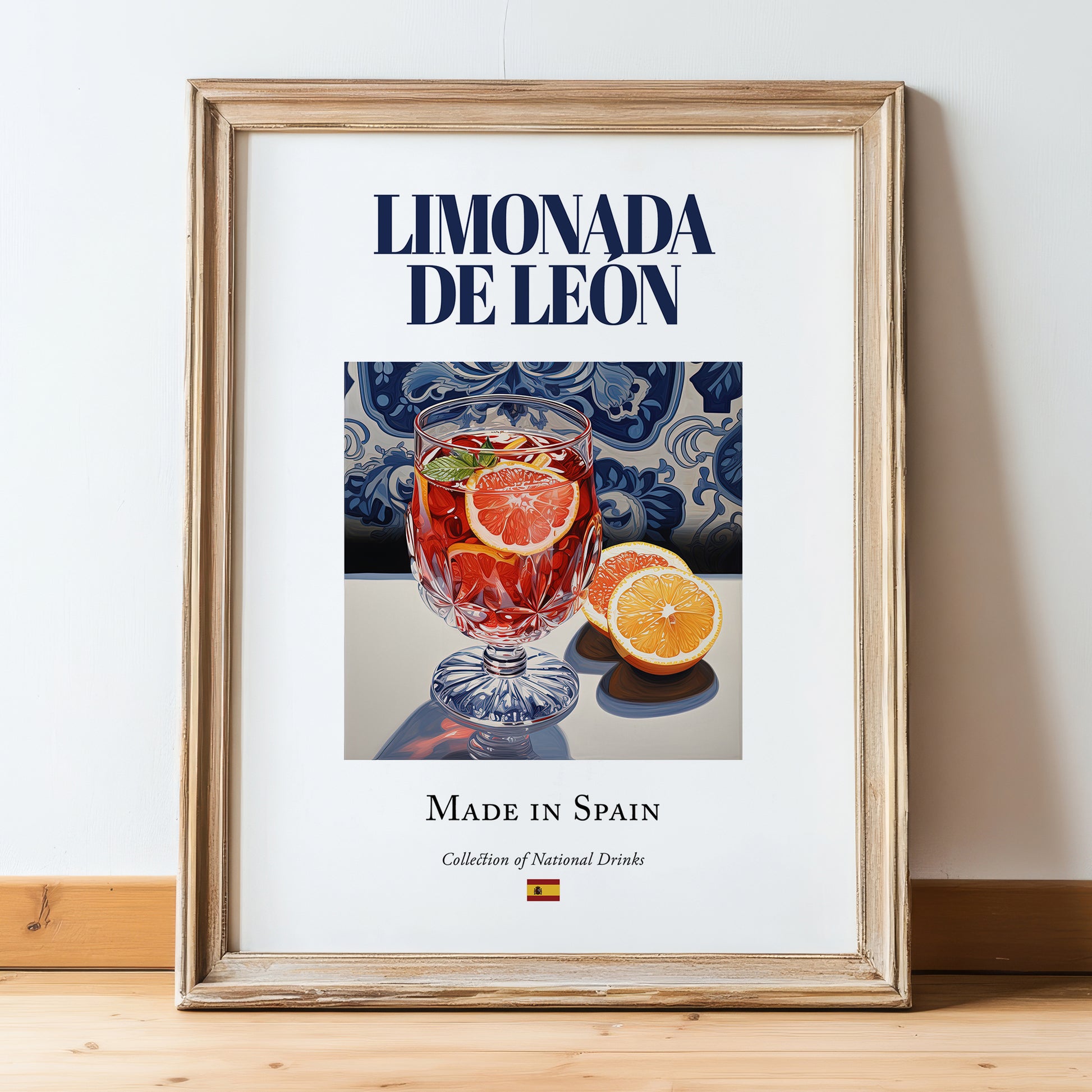 Limonada de León – Spanish Beverage Drink, Jazz Bar Wall Decor, in wooden frame leaning on the floor