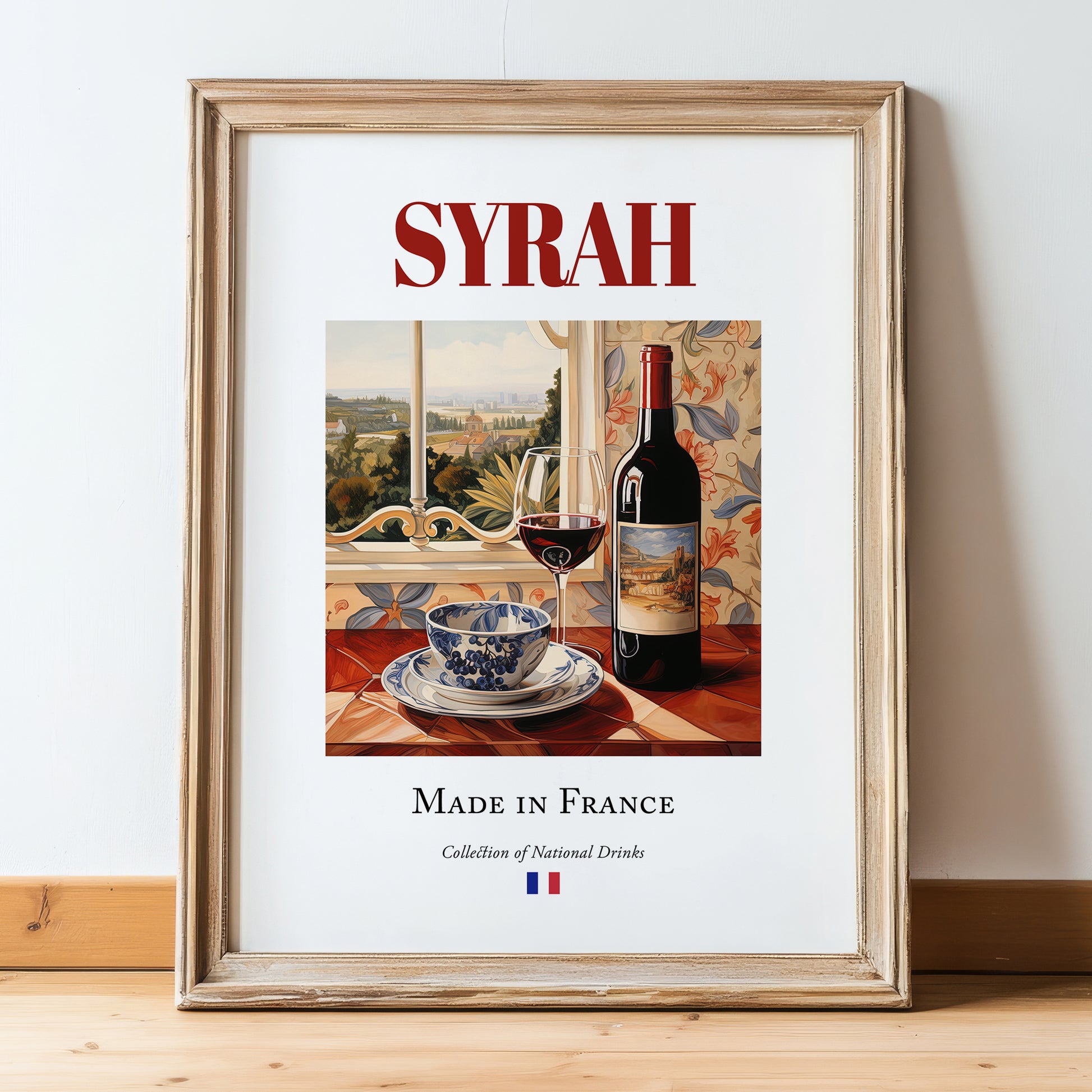 Syrah – French Red Wine, Vinoteca Poster, in wooden frame leaning on the floor