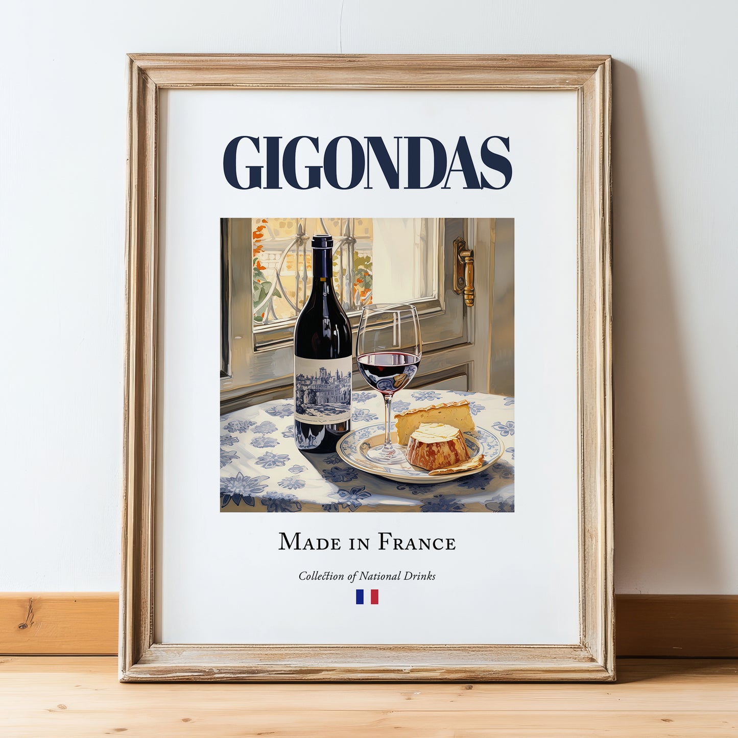 Gigondas – French Red Wine, Wine Bar Poster, in wooden frame leaning on the floor