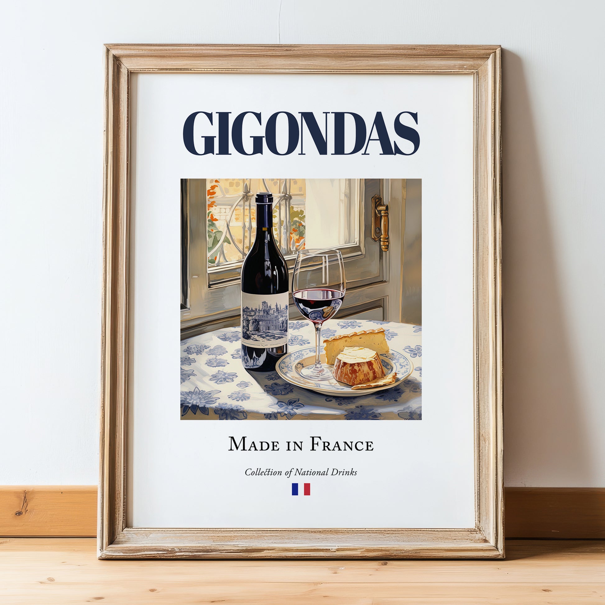 Gigondas – French Red Wine, Wine Bar Poster, in wooden frame leaning on the floor